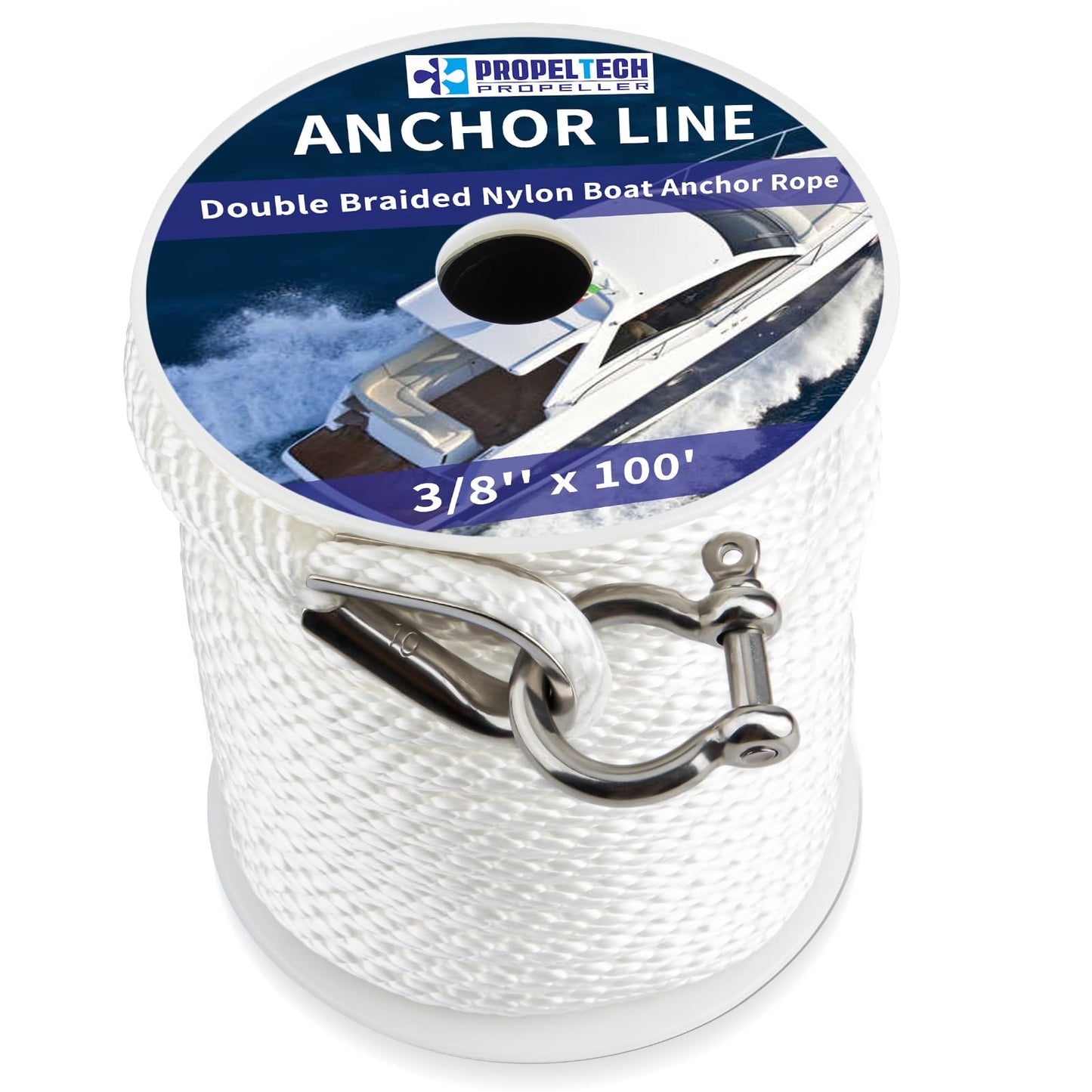 PropelTech Anchor Rope Braided Anchor Line(White, 3/8" x 100') Premium Solid Braid MFP Boat Rope with Stainless Steel Thimble & Shackle, Quality Marine Line, Boat Accessories