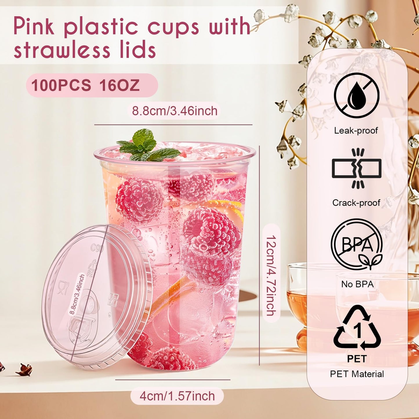 tchrules 100 Set 16oz Pink Plastic Cups with Sip Lids, Disposable Round Bottom Iced Coffee Cup with Lid Pink Clear To Go Drinking Cup Bulk for Cold Drinks Slushie Valentine Bachelorette Party Supplies