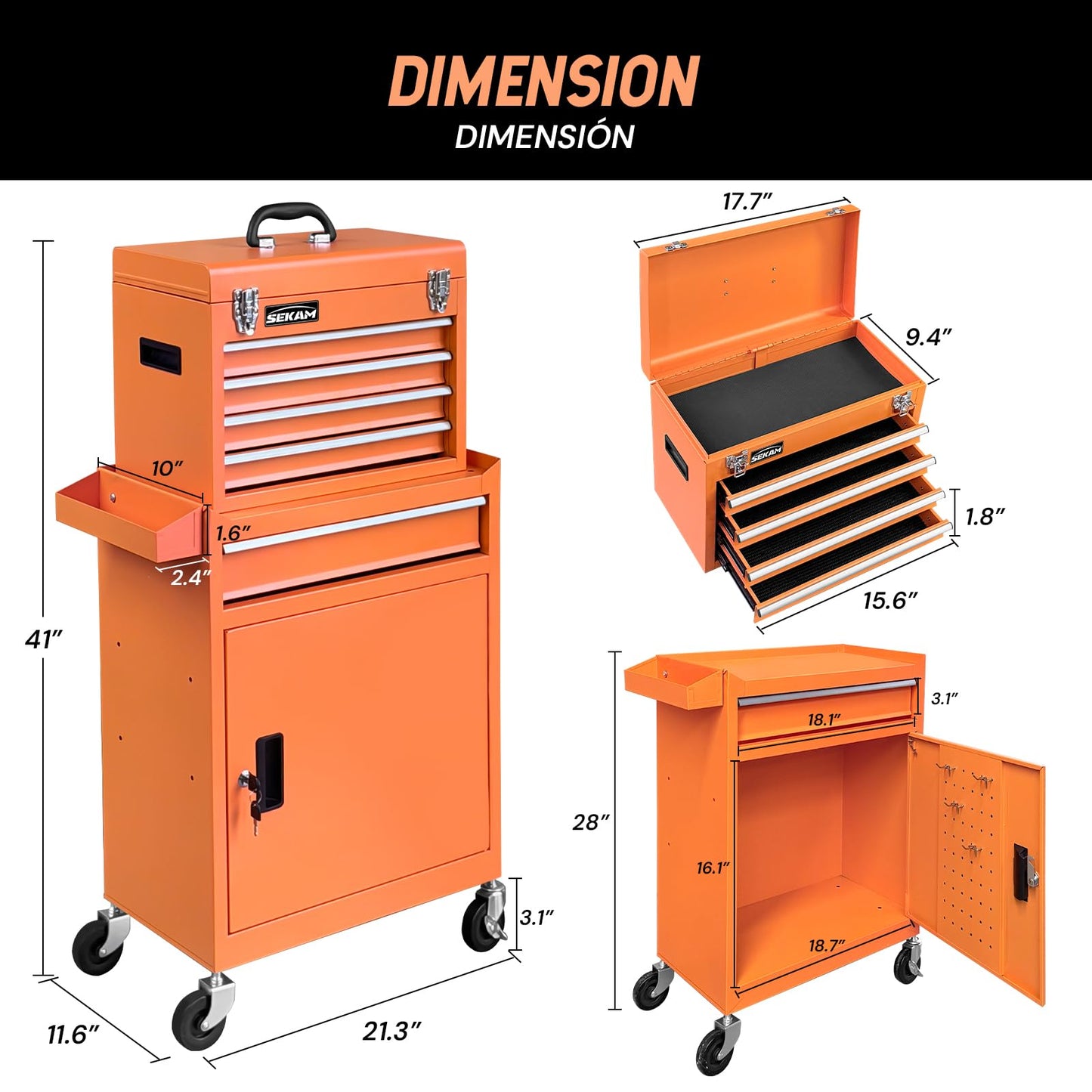 SEKAM 5-Drawer Rolling Tool Chest with Wheels, Tool Cabinet Combo with Top Chest, Bottom Drawer, Locking Door, Side Tray, Pegboard, Hooks for Garage Workshop