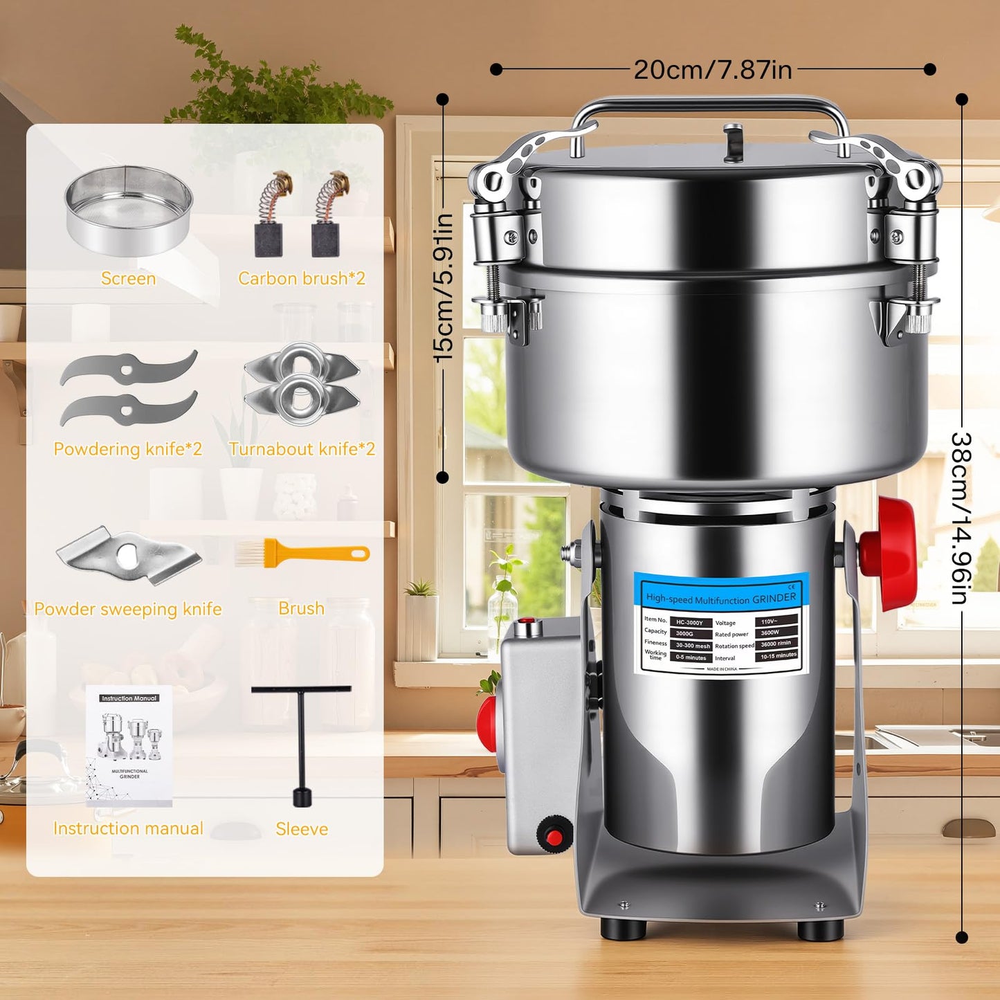 Jivoxia 3000G Grain Mill, 3600W Flour Mill Grinder for Home, 36000 RPM Electric Stainless Steel Grinder for Commercial & Kitchen Use, 270° Swivel for Soybean, Millet, Coffee and Other Dry Foods
