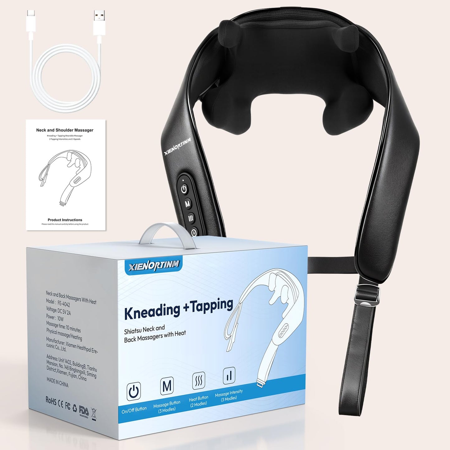 XIENORTINM Cordless Shiatsu Neck and Back Massagers with Heat, Rechargeable 4D Kneading + Tapping Wearable Massager, 3 Tapping Intensities, 3 Speeds, Ultra-Quiet Under 45dB for Deep Muscle Relief