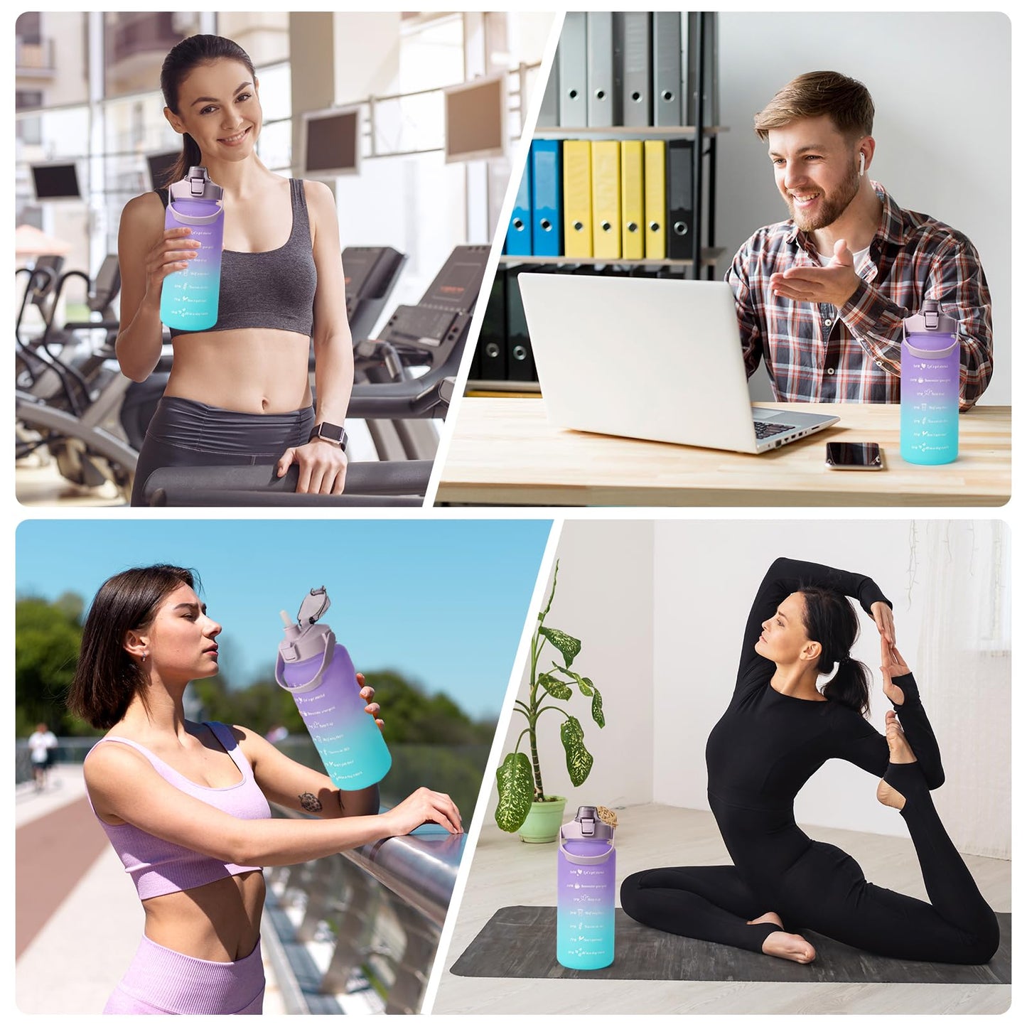 Binudum 64 oz Water Bottle with Straw Time Marker Half Gallon Reusable Water Bottle for Gym Fitness and Outdoor Sports (Purple Cyan)