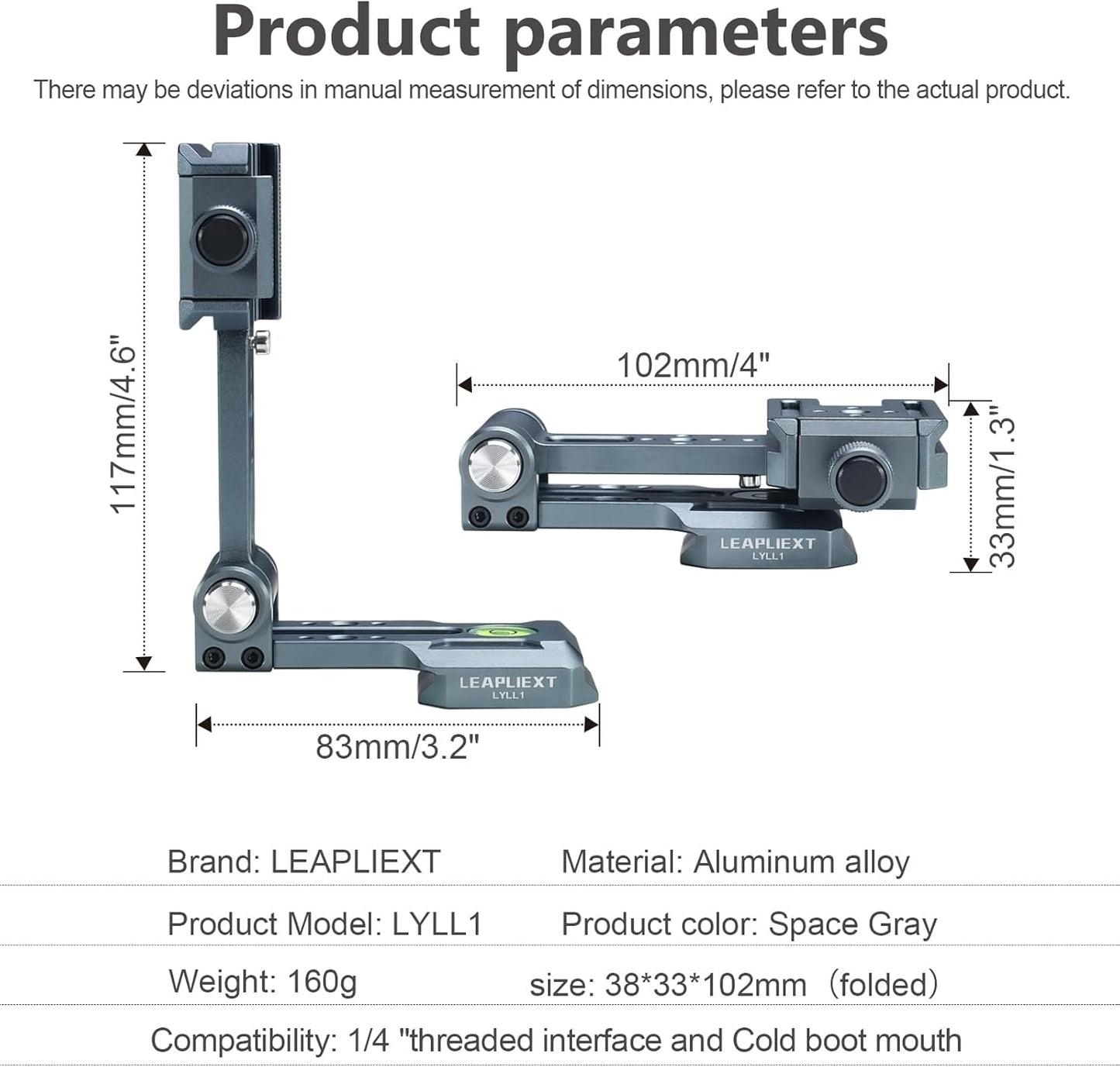 LEAPLIEXT 90 1/4" Aluminum Camera L Bracket, Folding Vertical/Horizontal Shooting Mount, Arca-Swiss Groove, Cold Shoe