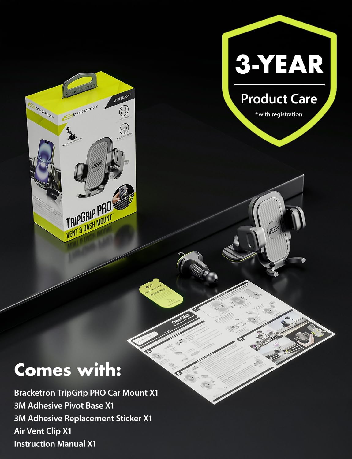 Bracketron TripGrip PRO Car Phone Holder Mount - Phone Holders for Your Car with One-Button Expansion for Vent & Dash