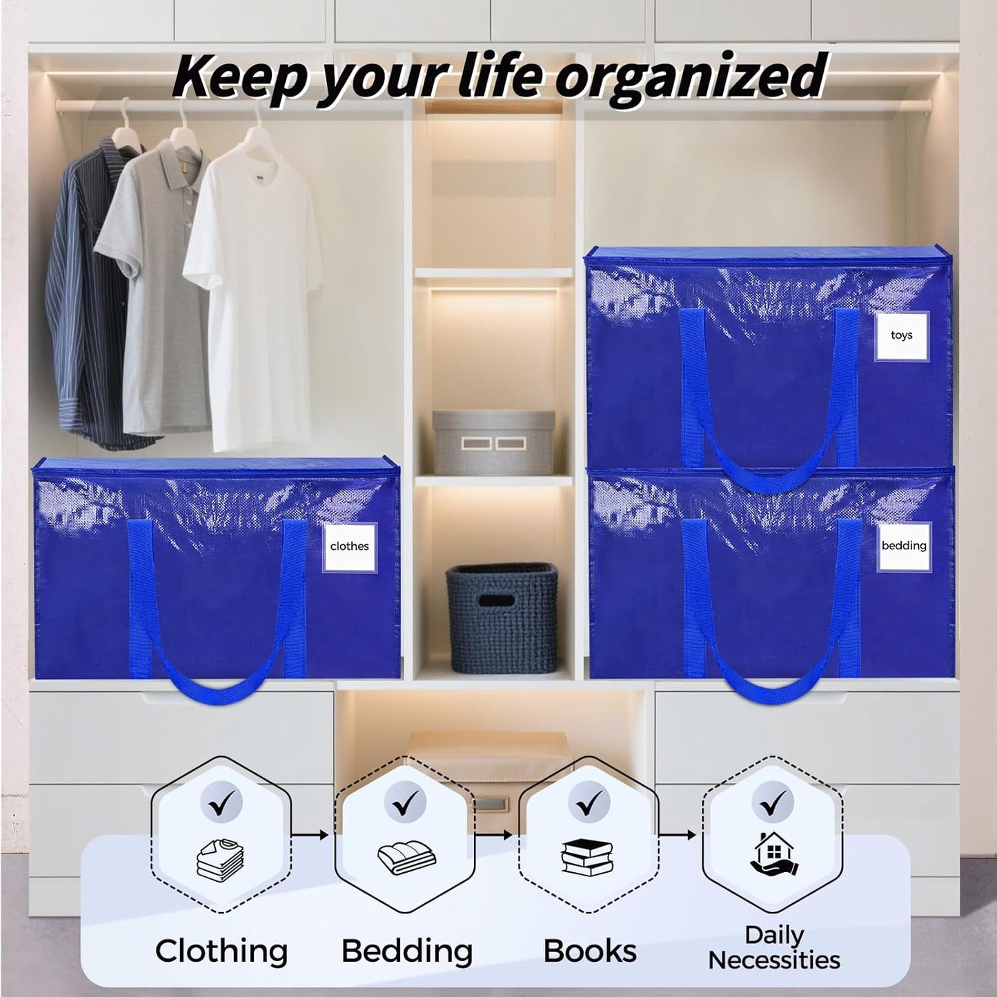Skiennix Extra Large Heavy-Duty Moving Bags - 8 Pack with Reinforced Handles & Zippers | Blue Storage Totes for Clothes & College Supplies