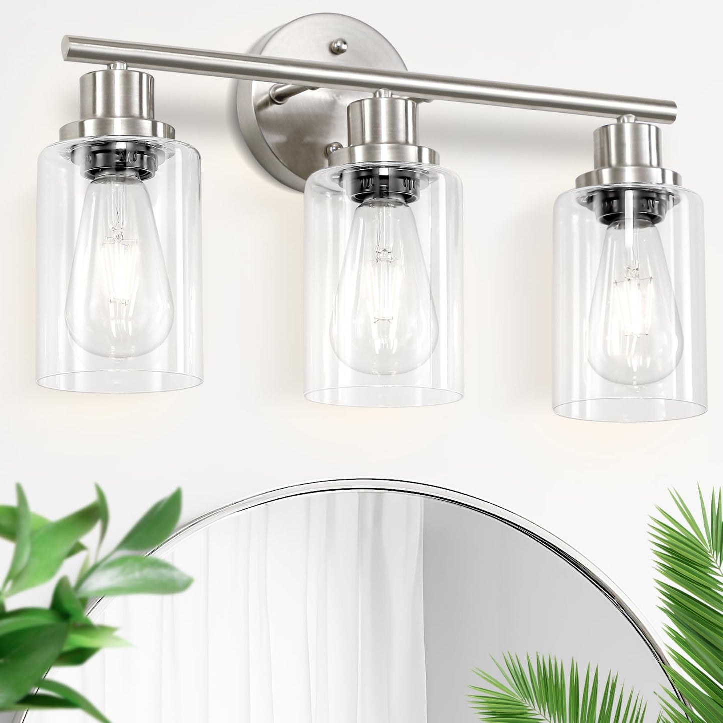 Guliaofo 3-Light Brushed Nickel Vanity Lights, E26 Modern Bathroom Light Fixtures with Clear Glass Shade, Wall Lamps for Mirror Kitchen Hallway Cabinet Living Room Sconces Lights