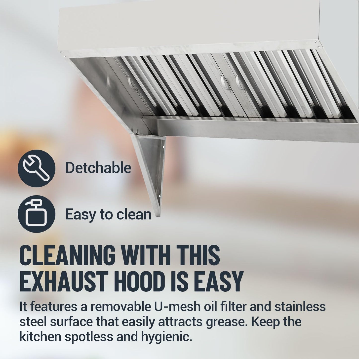 Commercial Kitchen Exhaust Hood, 4 Ft Rust-Resistant 201 Stainless Steel Vent with u-Shaped Baffle Filters, No Electricity Required for Safe Grease Extraction, for Restaurant, Food Truck & Kitchen