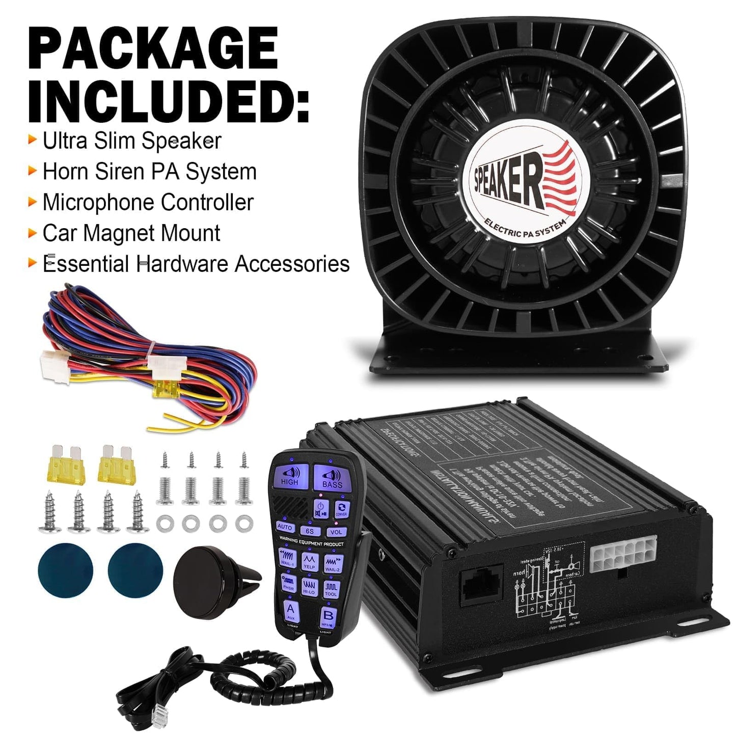 Emergency Police Siren Speaker Kit, 200W Multi-Tones Emergency Sirens PA System Extra Slim Speaker with Handheld Microphone, Car Alarm Megaphone for 12V Vehicles, Tow Truck Pickup Ambulance SUVs