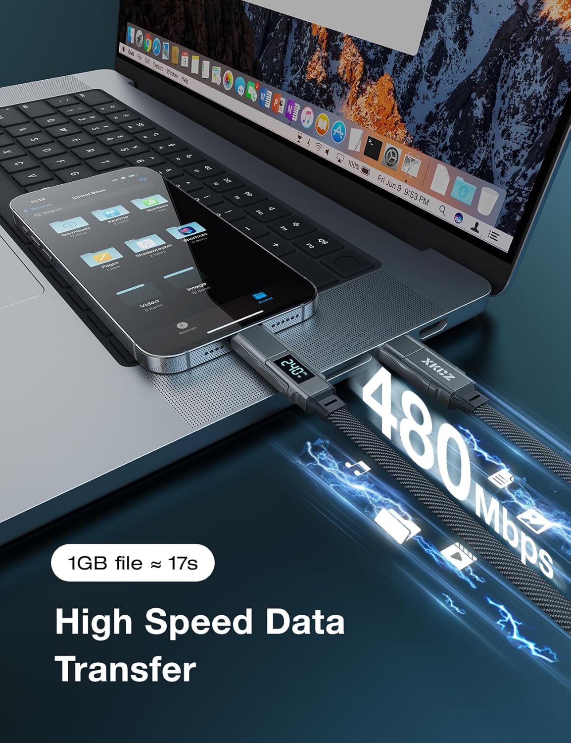 4 1 240W 5FT XKCZ in USB C Cable with Wattage Display, Flat Nylon Braided Multi Charge Cable with Data Sync, USB C