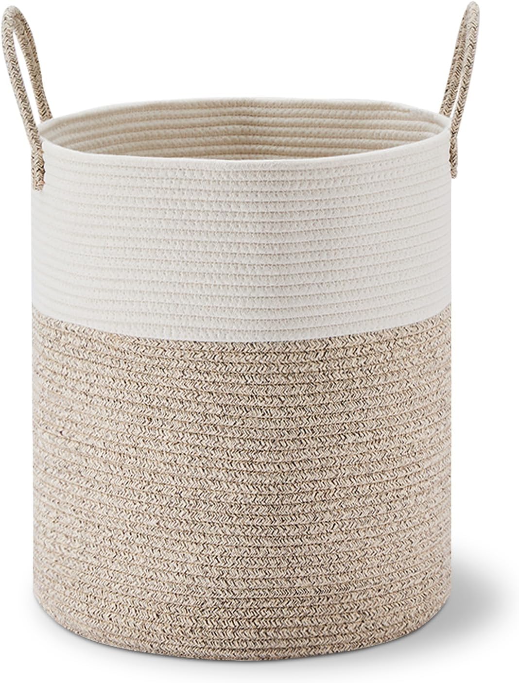 VIPOSCO Large Laundry Hamper - Tall Woven Rope Storage Basket for Blankets, Toys & Clothes | 53L White & Brown