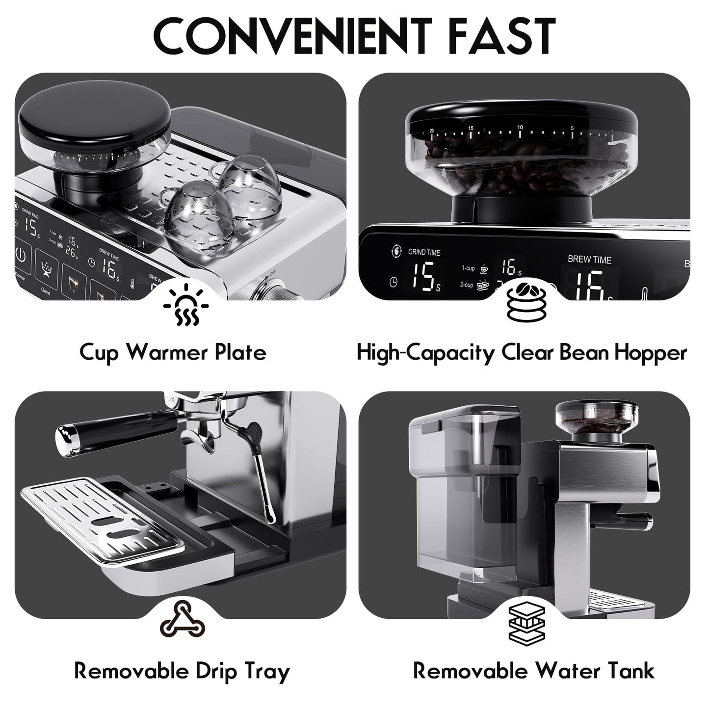 PULZO Espresso Machine with Grinder, 20 Bar Professional Coffee Machine with Milk Frother Steam Wand, All-in-One Stainless Steel Coffee Maker to Make Latte, Cappuccino, 67oz Detachable Water Tank