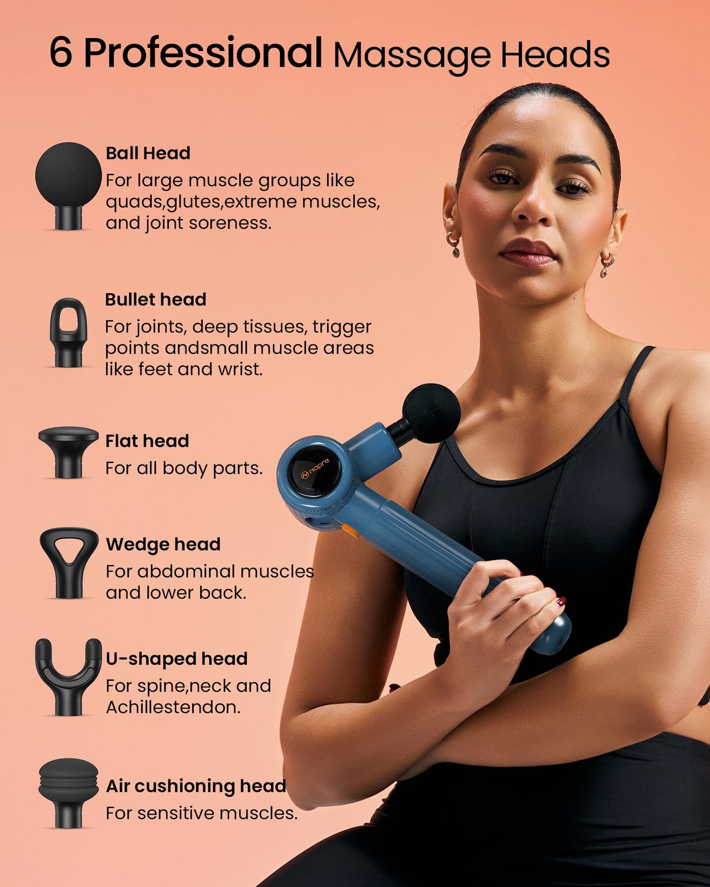 NAPRE Massage Gun with Extension Handle and 3 Adjustable Angles,Deep Tissue Back Massage for Neck/Shoulders/Waist/Body Pain Relief,Handheld Percussion Muscle Massager with Case,Blue