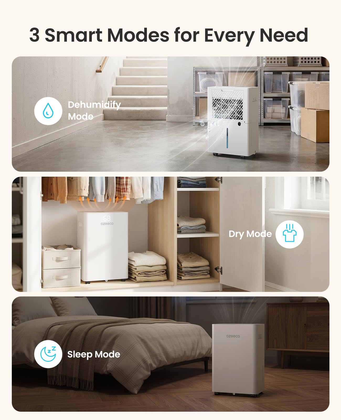 34 Pint Dehumidifier for Basement up to 2500 Sq.Ft, ozeeco Home Dehumidifier with Drain Hose, Ionizer, Humidity Control, Ultra Quiet, Child Lock, 24H Timer for Bedroom, Bathroom, RV