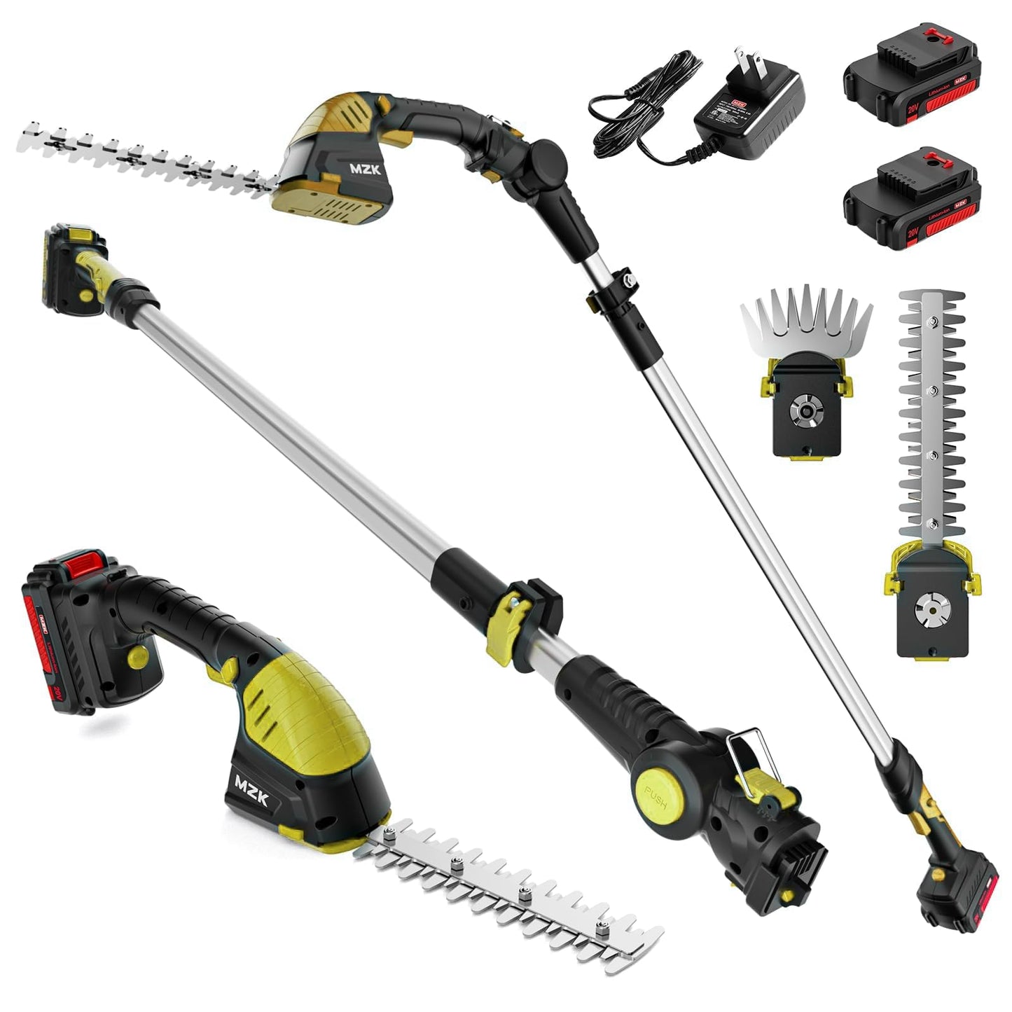 MZK 2-in-1 20V Pole Mini Hedge Trimmer & Grass Shear, 13ft Reach, Electric Hedge Trimmer with Extension Pole, Multi-Angle,Used in Garden,Yard(2*Batteries and Charger Included)(Yellow)