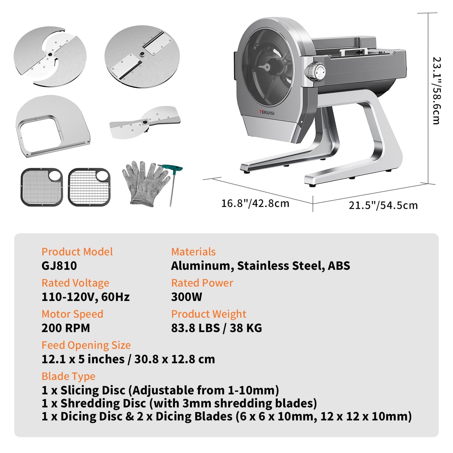 TERUISI Commercial Vegetable Chopper, 300W Auto Feed Stainless Steel Vegetable and Meat Slicer, 4-In-1 Food Cutter Machine with 1-10mm Slicing, 3mm Shredding & 2 Dicing Sizes, 440LBS/H Output, 110V