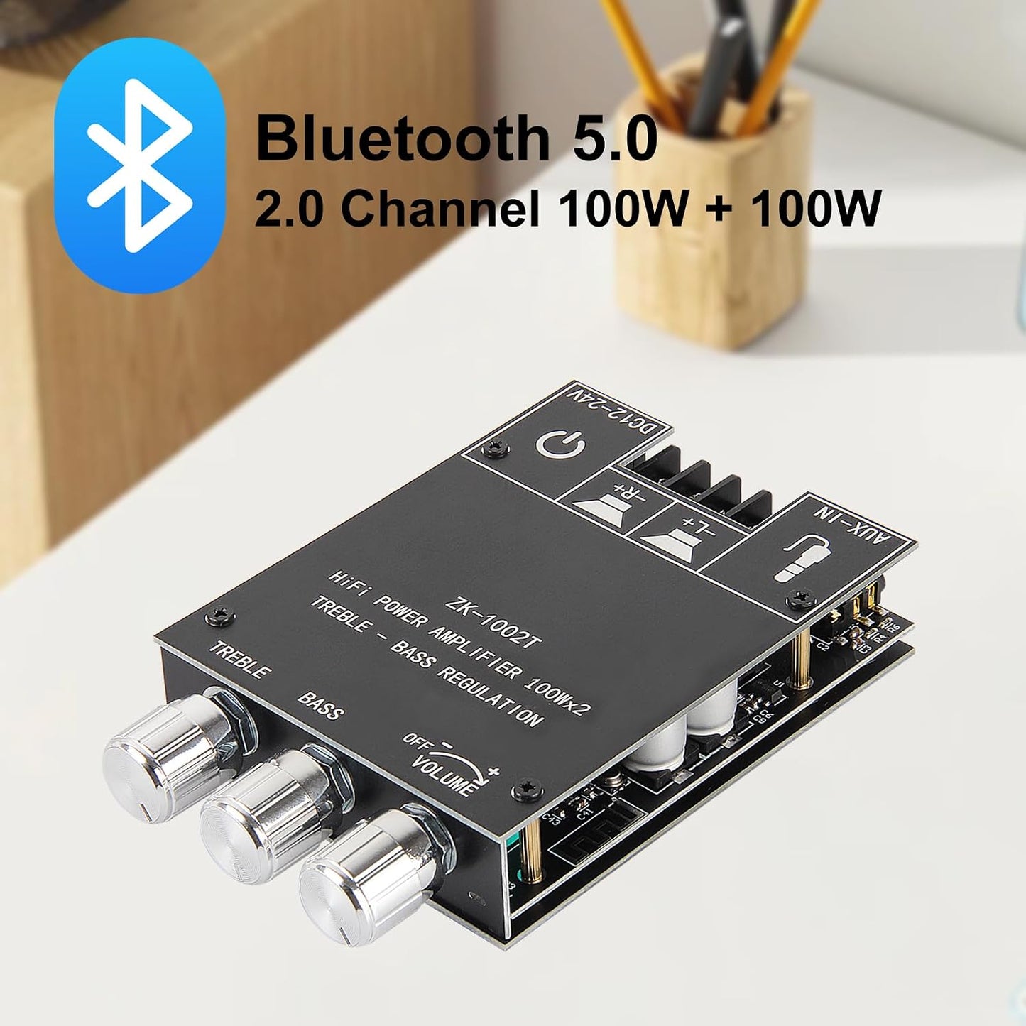 AITRIP 2PCS ZK-1002T 2.0CH 100W*2 9-24V Bluetooth Amplifier Board Mini Audio AMP with Treble and Bass Control, BT