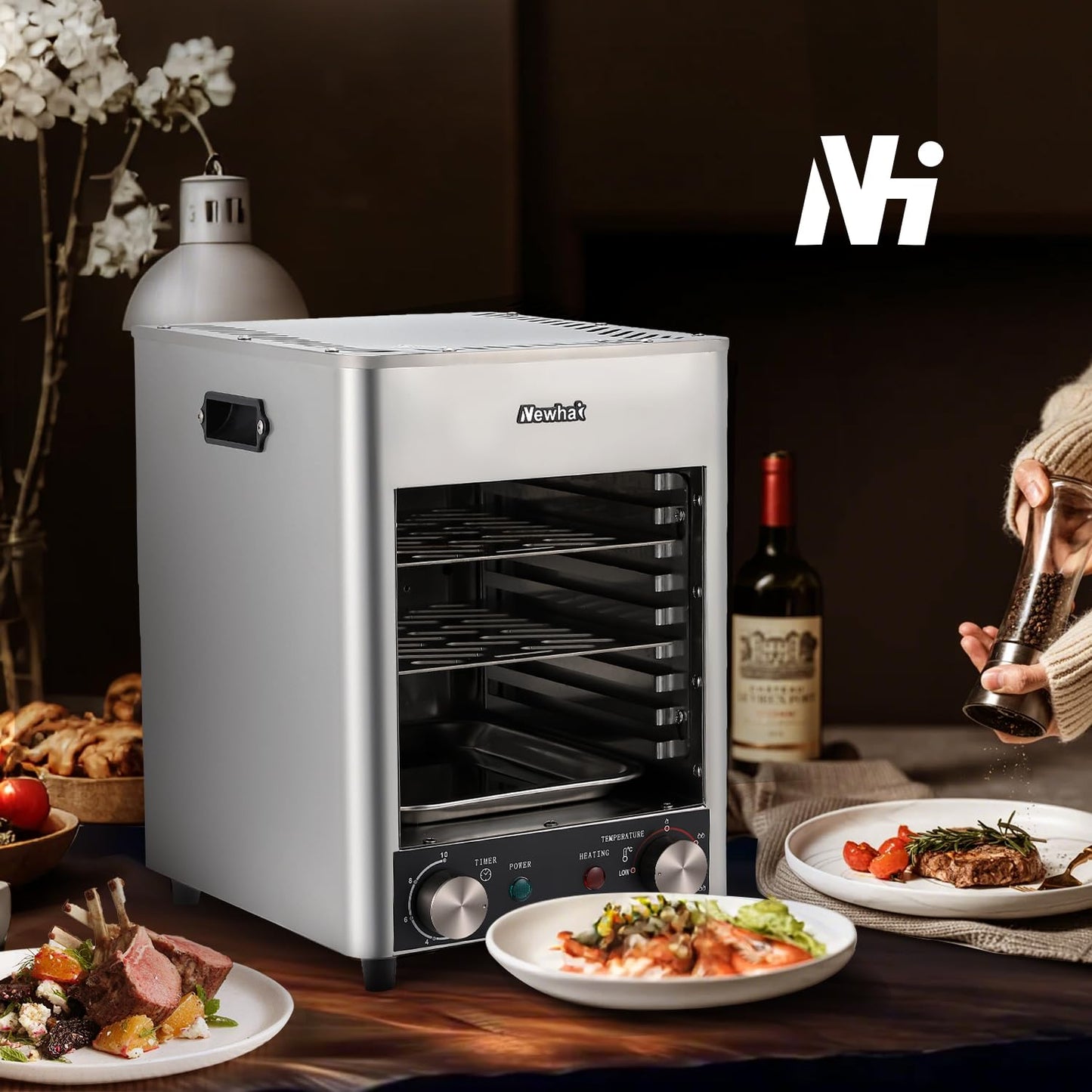 Newhai Electric Steak Broiler 1700W Indoor Commercial Steak Grill Automatic Steak Broiler for Carnivores Time Temperature Adjustable for Beef Chicken Vegetables 110V US