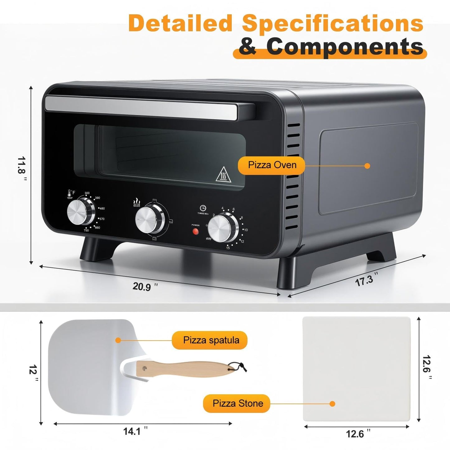 Sweetcrispy Countertop Pizza Oven Indoor, 1600W, 750°F High Heat Pizza Maker with Pizza Stone & Pizza Spatula, Countertop Electric Pizza Oven for Home Use