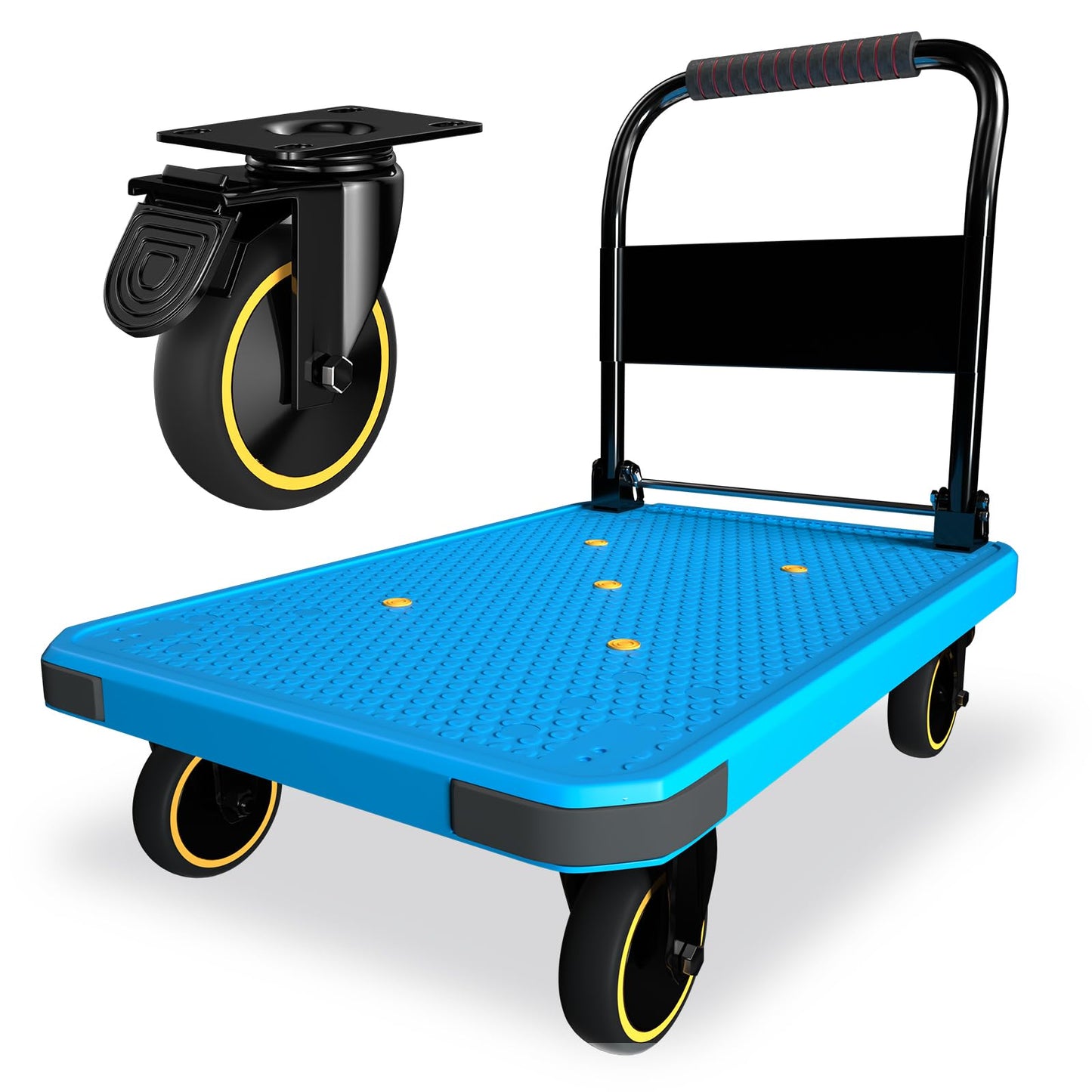 WUD Foldable Hand-Push Platform Truck with Brake, 360-Degree Swivel Wheels, 35.4”L x 23.6”W, 880 lb Load Capacity, Suitable for Luggage, Travel, Moving, Shopping, Office, Home Garden, Blue