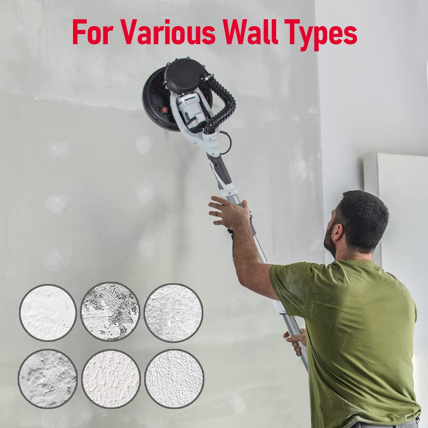 Garvee Drywall Sander, 800W Electric Sander with 12 Sanding Discs, Variable Speed 800-1800 RPM Wall Sander with Automatic Dust Removal System, LED Lights, Extendable Handle, Dust Bag & Carrying Bag