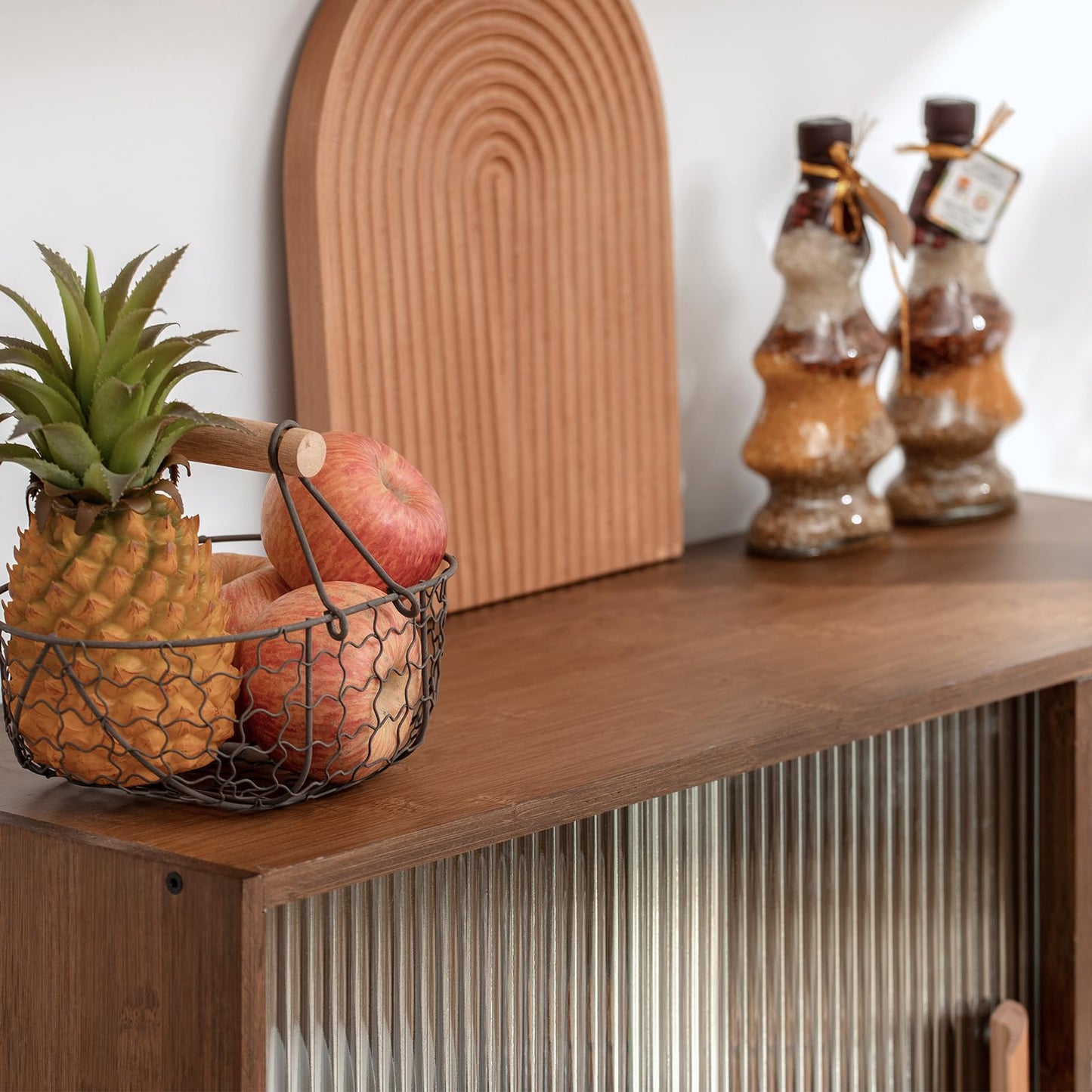 HollyHOME Bamboo Wall Mounted Kitchen Sideboard with 2 Glass Doors and Adjustable Shelves, Freestanding Wall Storage Cabinet with Side Shelf for Bottle, Dish, Bowl, Console Dining Cupboard, Walnut