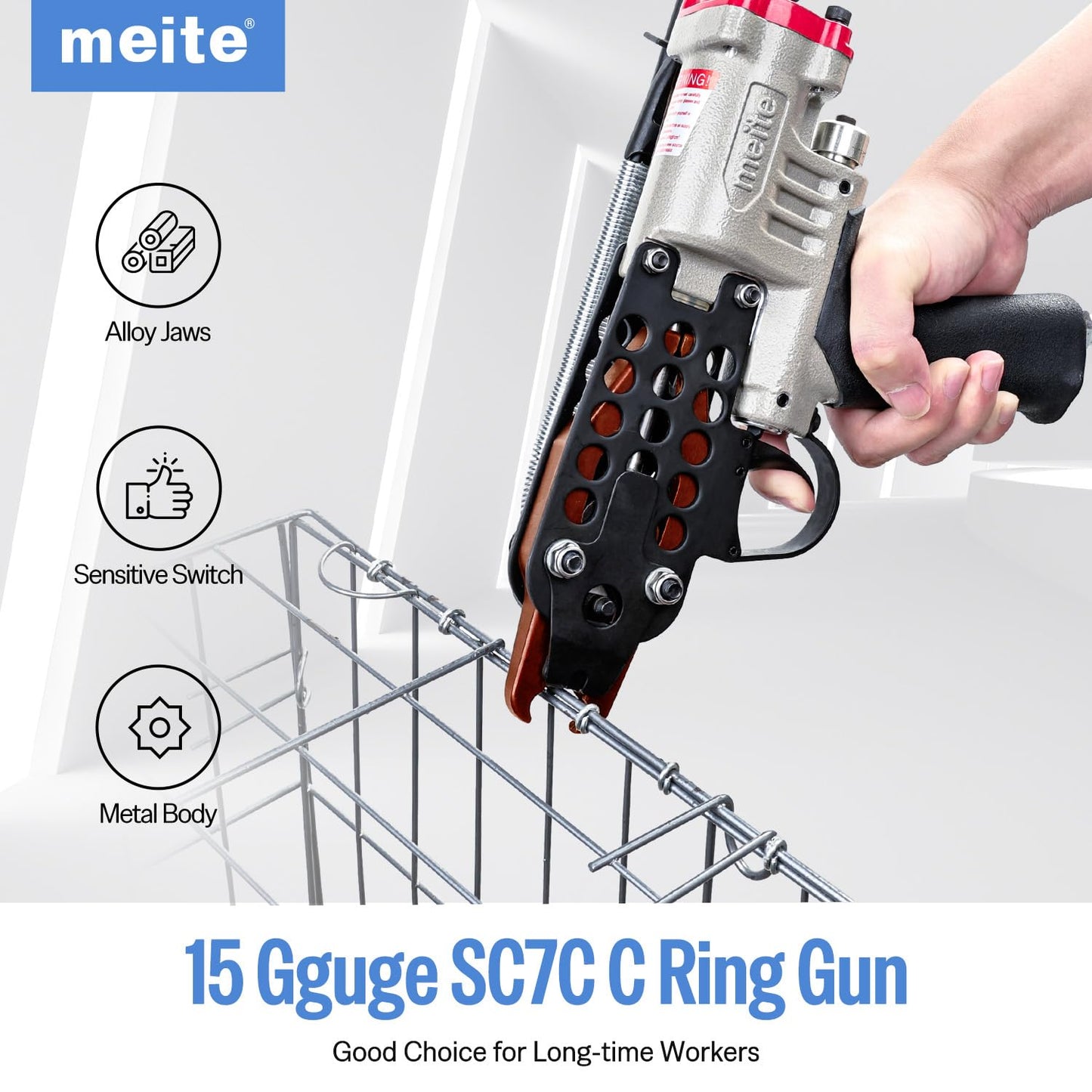 meite SC7C Pneumatic Hog Ring Gun, 15 Gauge 3/4" Crown Hog Ring Pliers, 5.5-6.0 mm Closure, Air C Ring Stapler for Mattress, Seat Assembly, Wire Cages, and Fencing