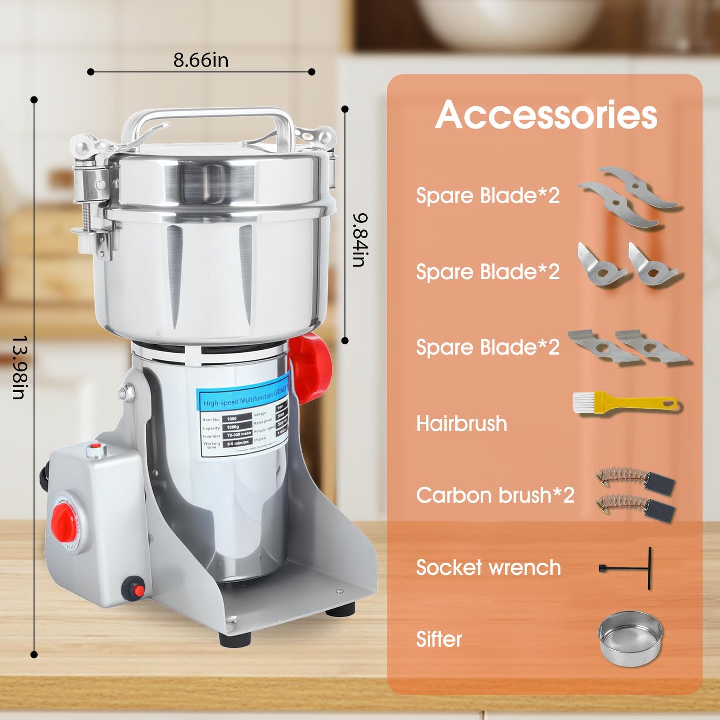 1000g Commercial Grain Grinder - 3000W Heavy-Duty Electric Mill for Coffee, Spices, Nuts & Grains | 32000 RPM | Industrial Stainless Steel | 5 Blades System | for Home & Restaurant Use