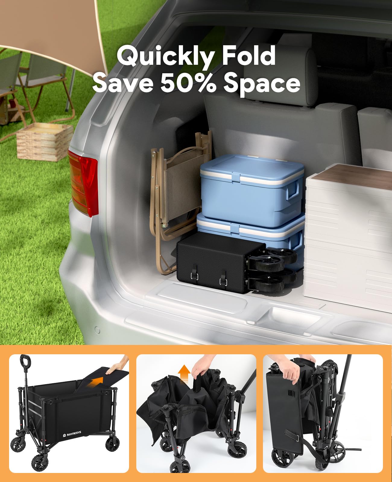 Raynesys 3 in 1 Collapsible Wagon Converts to Bench, 220lbs Foldable Wagon Cart with Wheels, 120L Shopping Cart for Groceries Folding Utility Wagon for Beach, Garden, Camping, Sport, Black