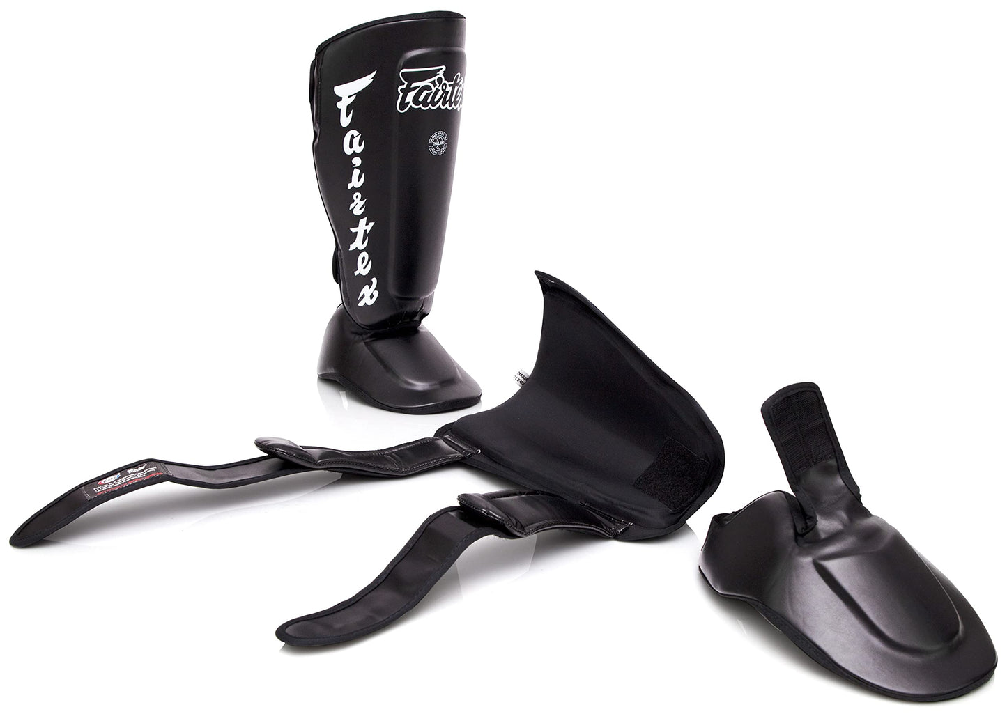 Fairtex SP7 Muay Thai Shin Guards for Men, Women, Kids | Shinguards Made with Syntek Leather & are Premium, Lightweight & Durable | Detachable shin & Foot Protector- Large, Black