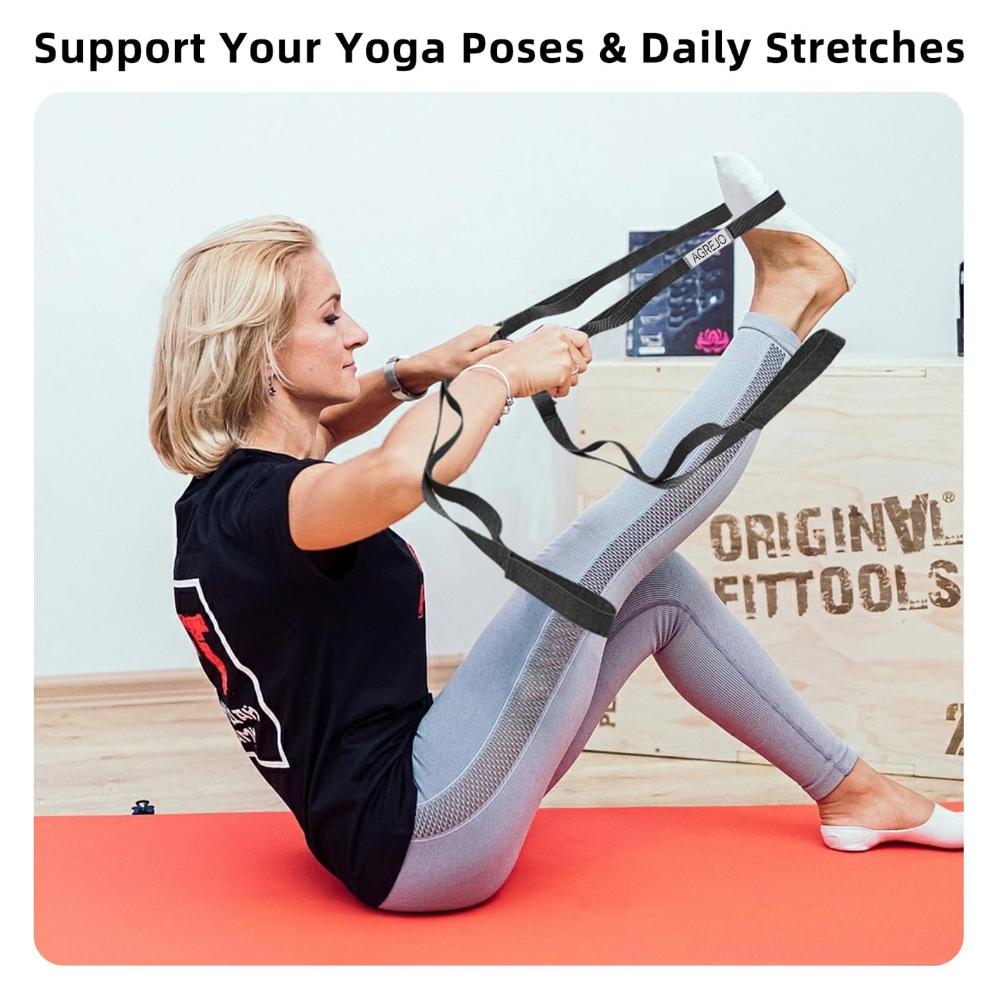 AGREJO Stretching Strap Yoga Strap Physical Therapy for Home Workout, 10 Loops Non-Elastic Stretch Band for Pilates, Flexibility, Exercise and Gymnastics (1-Pack Black)