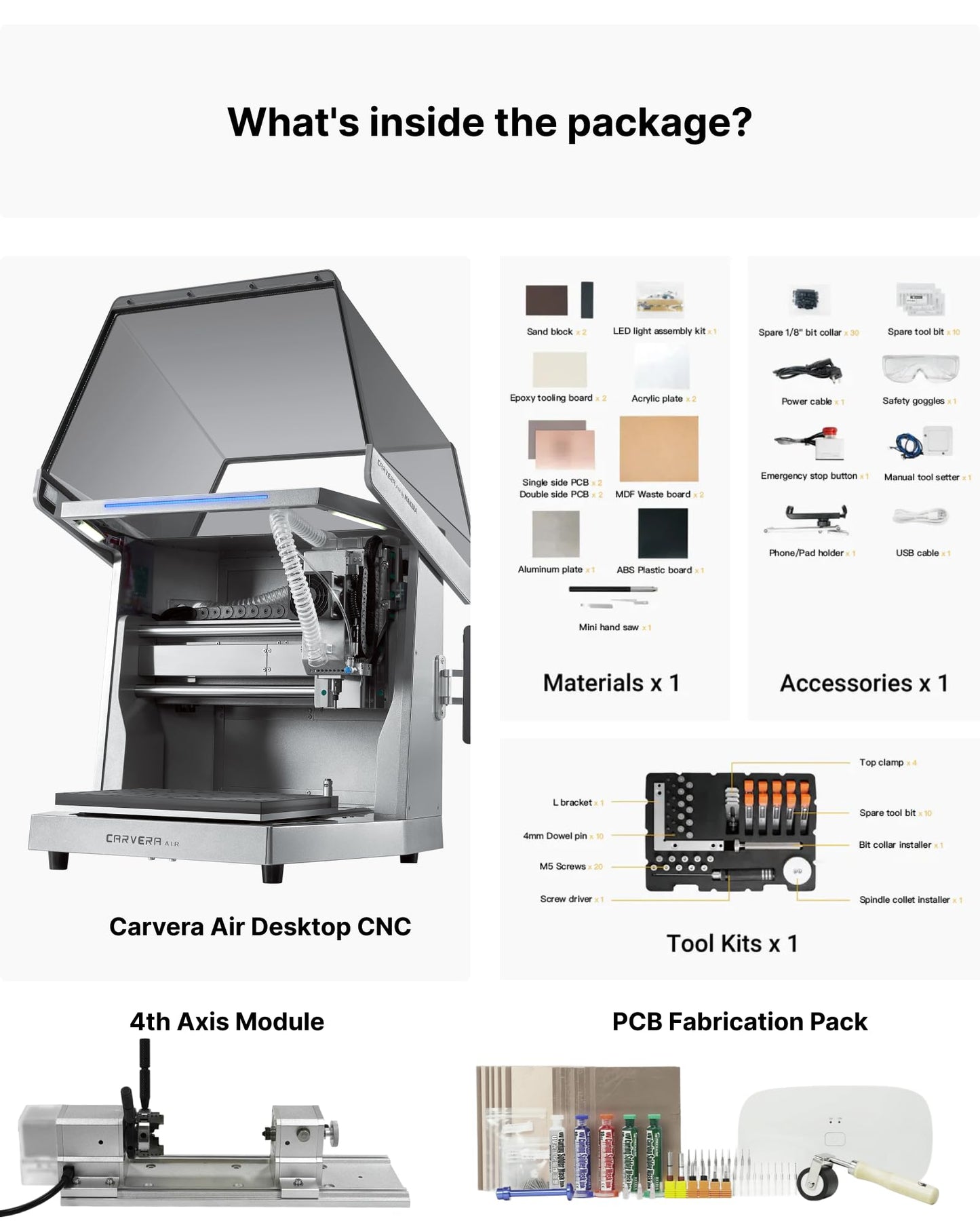 Carvera Air Desktop Machine with 4th Axis and PCB Fabrication Pack, Compact Enclosed Mini CNC Router Mill, Quick Tool Changer Closed-Loop Control, User-Friendly CAM Milling,Cutting, DIY, Crafts
