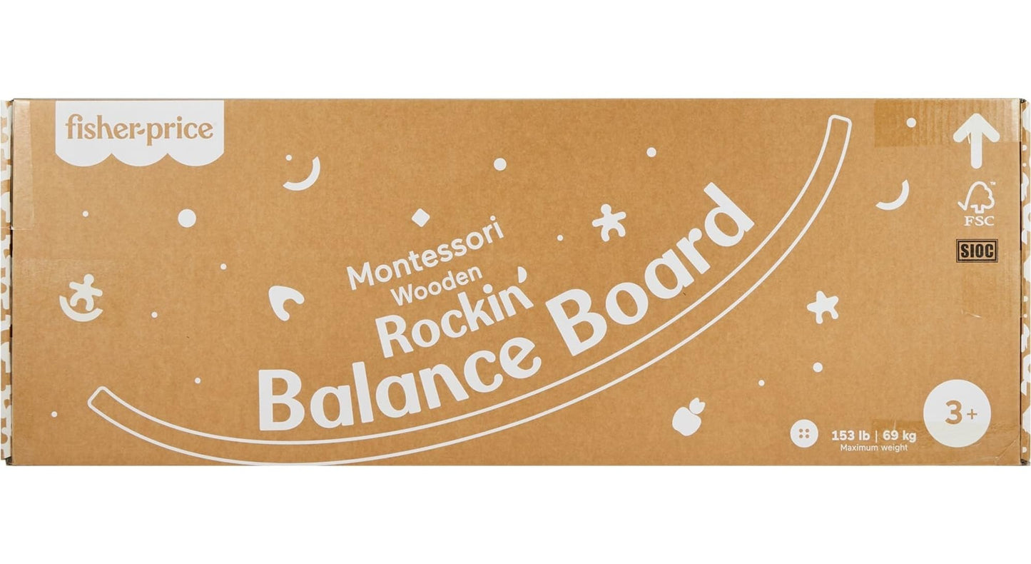 Fisher-Price Wood Montessori Toy Rockin' Balance Board, American Montessori Society Seal of Excellence, 31.7-Inch Wooden Motor Skills Learning Activity for Kids Ages 3+ Years (Amazon Exclusive)