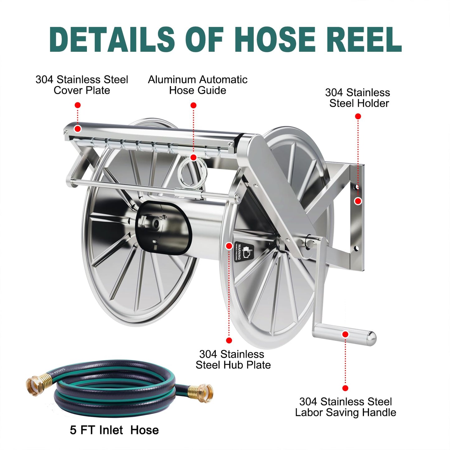 Stainless Steel Garden Hose Reel Heavy Duty, Wall Mount Water Hose Holder, 150 Feet of 5/8 Inch Hoses Capacity, Hose Reels with 5 ft Inlet Hose for Outside, Lawn, Yard, Garage