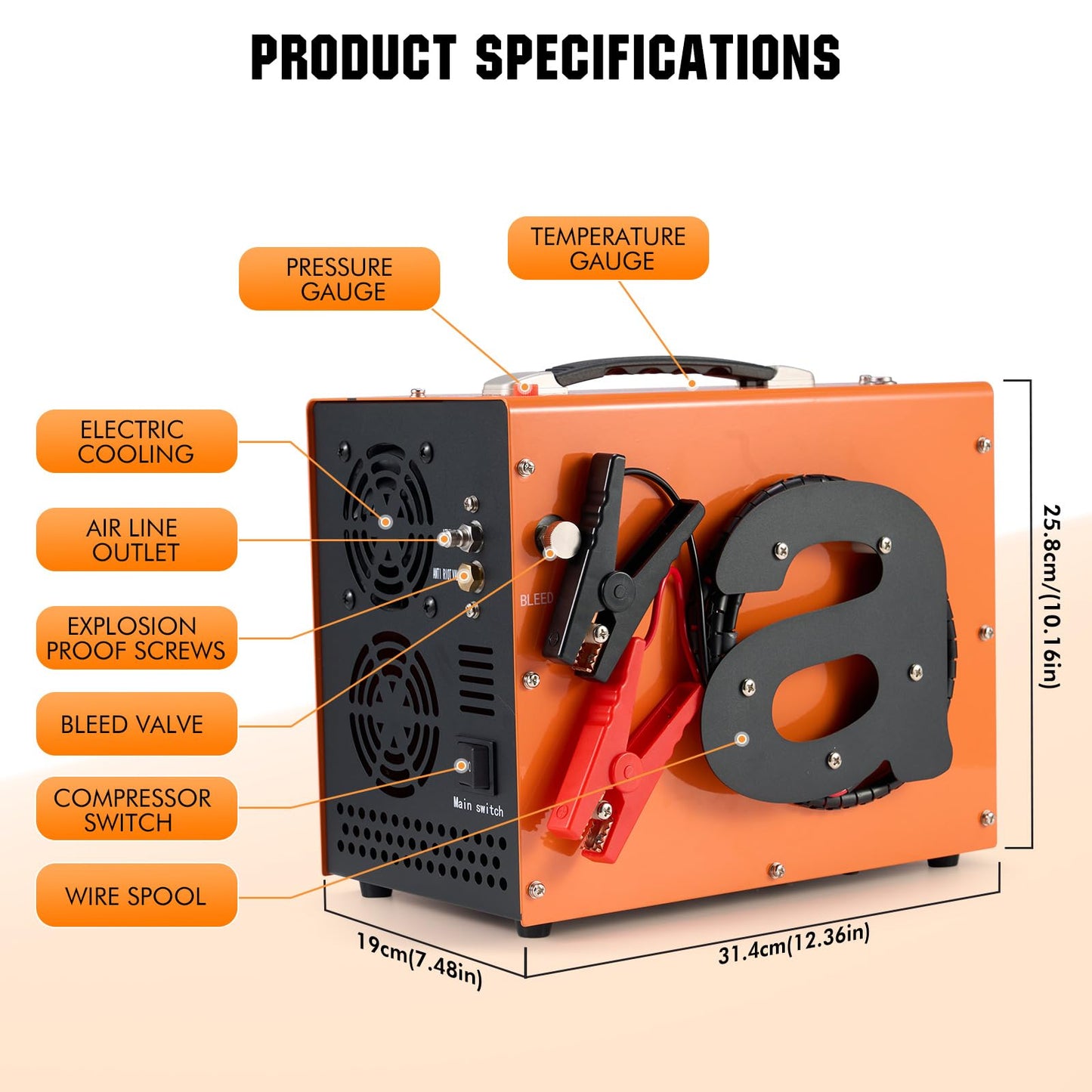 PCP Air Compressor with Atuo Shut-Off, Portable 4500Psi/30Mpa, Water/Oil-Free, One Button Start, Bursting Disc, 12V DC/120V AC PCP Airgun Compressor, Rifle/Pistol and Paintball Tank Air Pump (Orange)