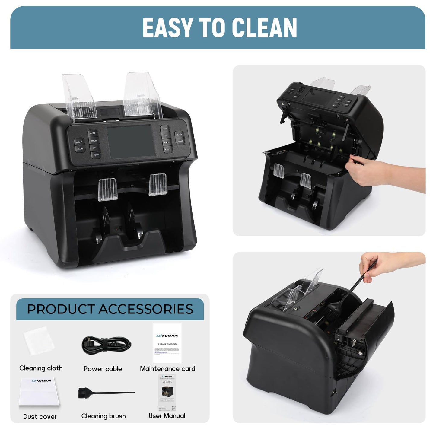 NUCOUN VS-35 Mixed Denomination Money Counter Machine,with Reject Pocket,Support USD/EUR/MXN/CAD Count,Bill Sorter,Counterfeit Detection CIS/UV/MG/IR,4'' Touch Screen,Sort&Print Enabled Cash Counter
