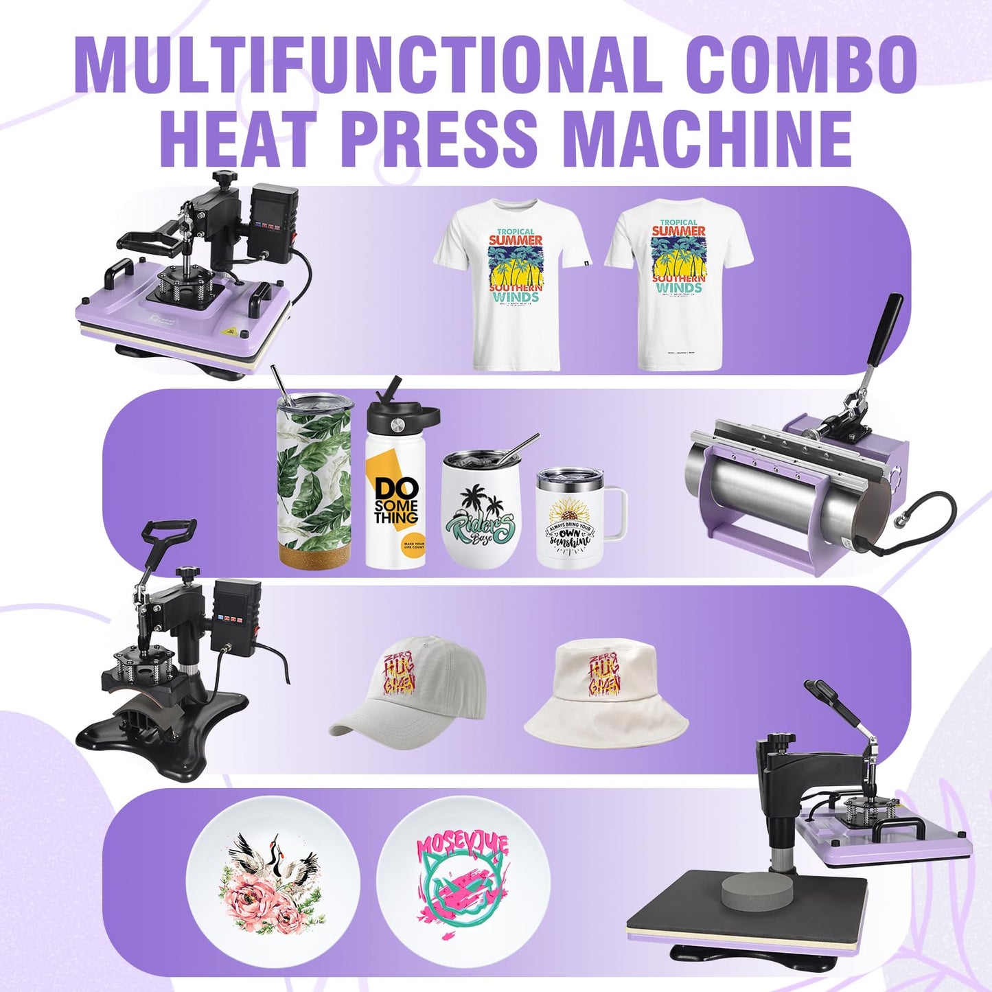 PlanetFlame Heat Press Machine 12x15 Inch, 360° Swing Away 5 in 1 Heat Transfer Machine, Multifunctional Heat Transfer Press Machine with 30OZ Tumbler Attachment for Hat/Plate/T-Shirt/Mug, Purple