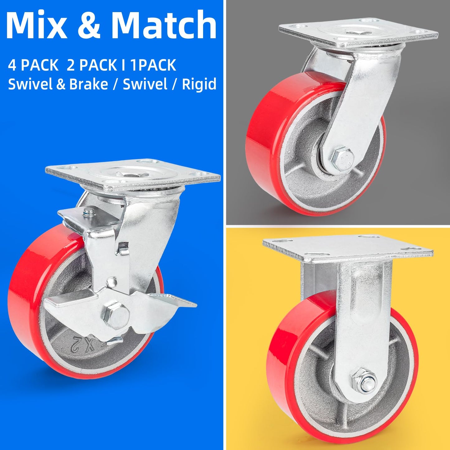 Nefish 5 Inch Industrial Casters Set of 4, Heavy Duty Casters with Brake 4000 Lbs, No Noise Polyurethane Wheel on Steel Hub, Swivel Plate Caster Wheels for Toolbox Workbench (4 Swivel & Brakes)