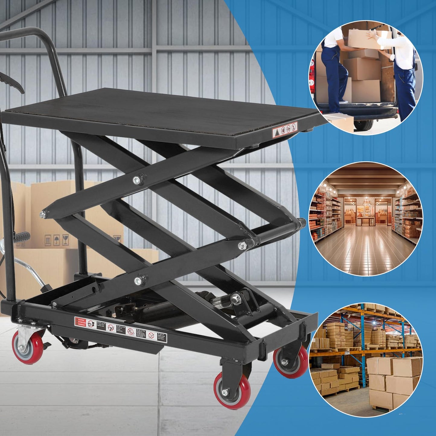 Garvee Heavy Duty Hydraulic Lift Table Cart 330LB Capacity, Double Scissor Lift Table with 50" Lifting Height, Non-Slip Platform & Locking Wheels for Garage, Warehouse, Workshop, Black