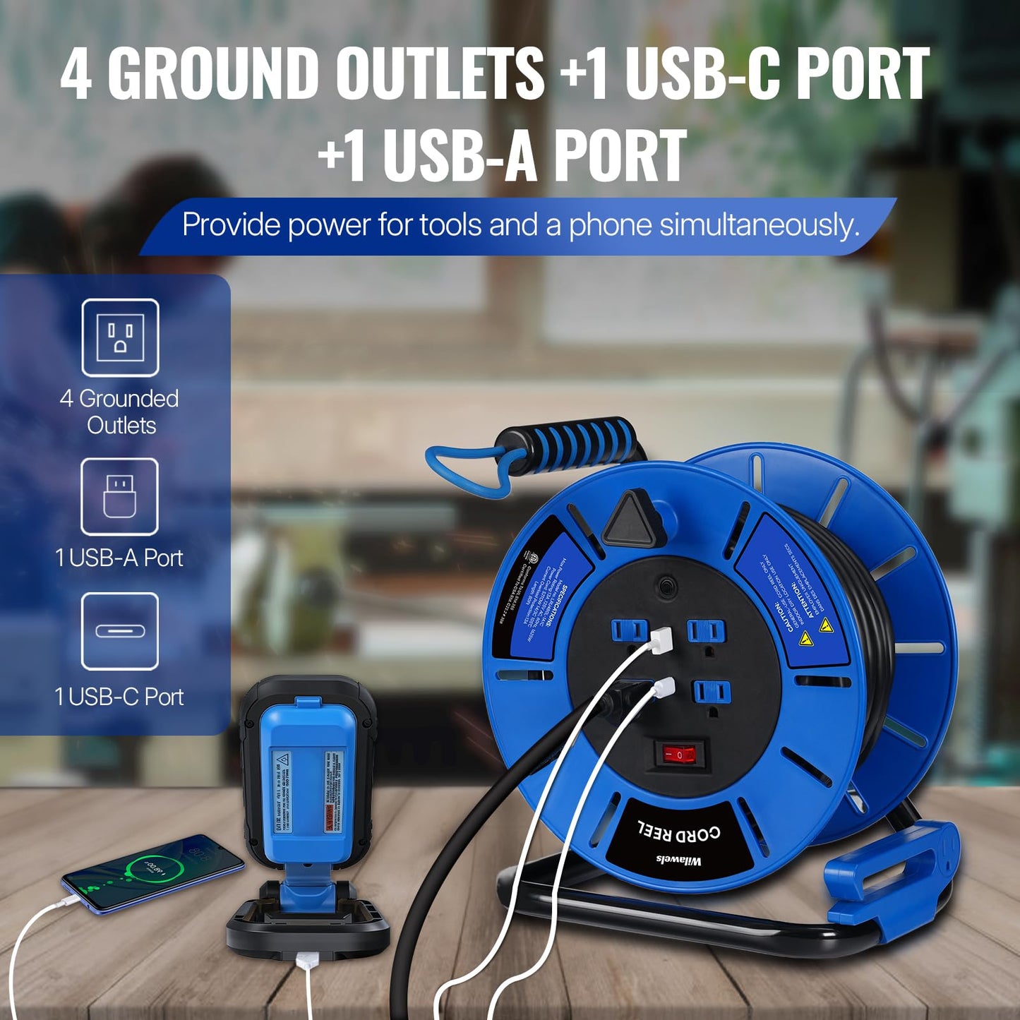 WILAWELS Extension Cord Storage Reel with 4-Grounded Outlets and 80 FT Retractable Extension Cord Reel Bundle, for Indoor Outdoor Use J95CR06-U80ACR06