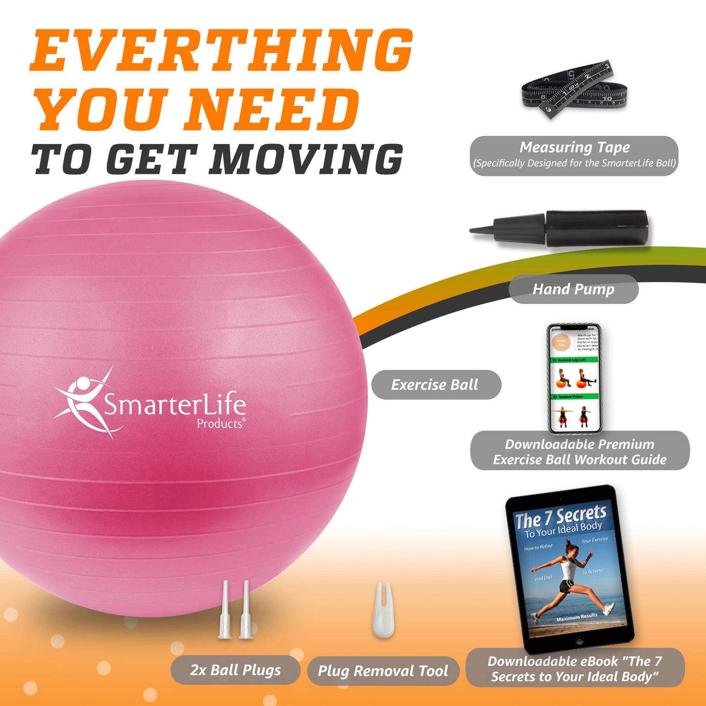 SmarterLife Exercise Ball Yoga Ball for Fitness, Balance, Stability, or Pregnancy, Gym Ball for Core Workout, Physical Therapy, Yoga Ball Chair for Office, Anti-Slip Anti-Burst (65 cm, Pink)