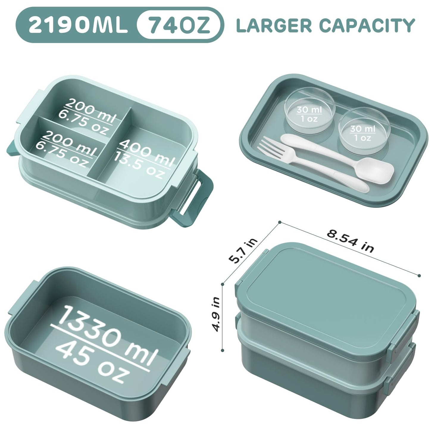 DaCool Lunch Box Adults Bento Box 74 OZ All-in-One Stackable Lunch Box Containers for Adult Large Bento Box with Fork Spoon Sauce Boxes, Leakproof Lunchbox for Work School Dining Out, Morandi-Green