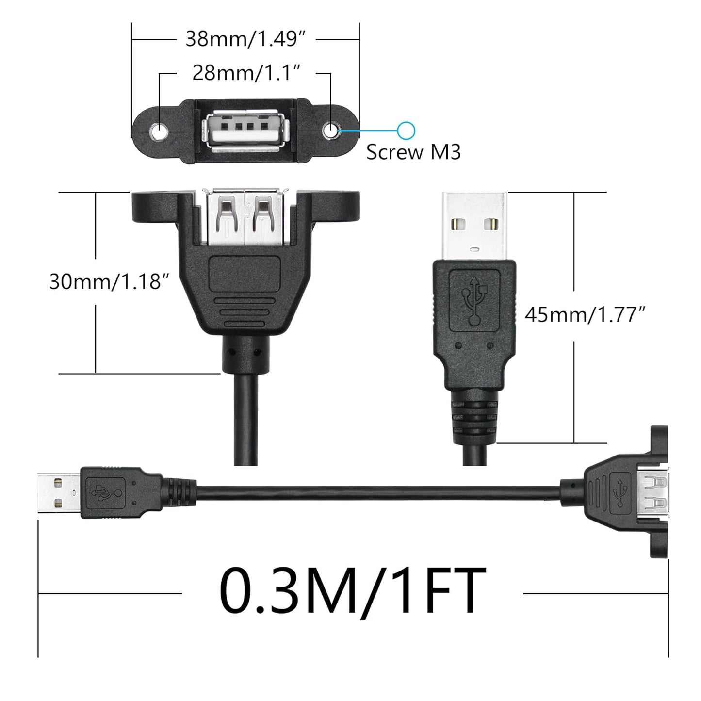 2Pcs 2.0 1FT, USB Panel Mount Extension Cable USB Type A Male to Female with Ears Can Fixed Charging and Data