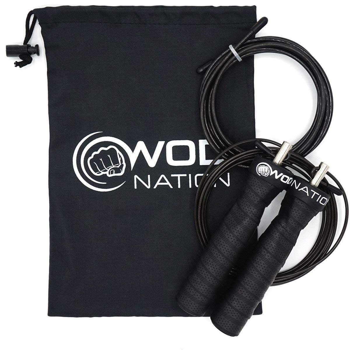 WOD Nation Jump Rope - Black Alloy Steel Handles - 11 ft, 2.2 mm & 3.3 mm Cables - Weighted & Speed Cable System for Fitness Skipping Rope Men & Women