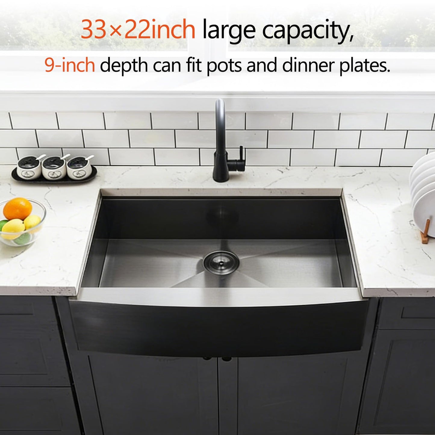 HOTIS 33 Inch Black Farmhouse Sink, Undermount Gunmetal Black Workstation Apron Front Kitchen Sink, 33 x 22 Stainless Steel Farm Sink 16 Gauge 9 Deep Single Bowl Kitchen Sink with Cutting Board