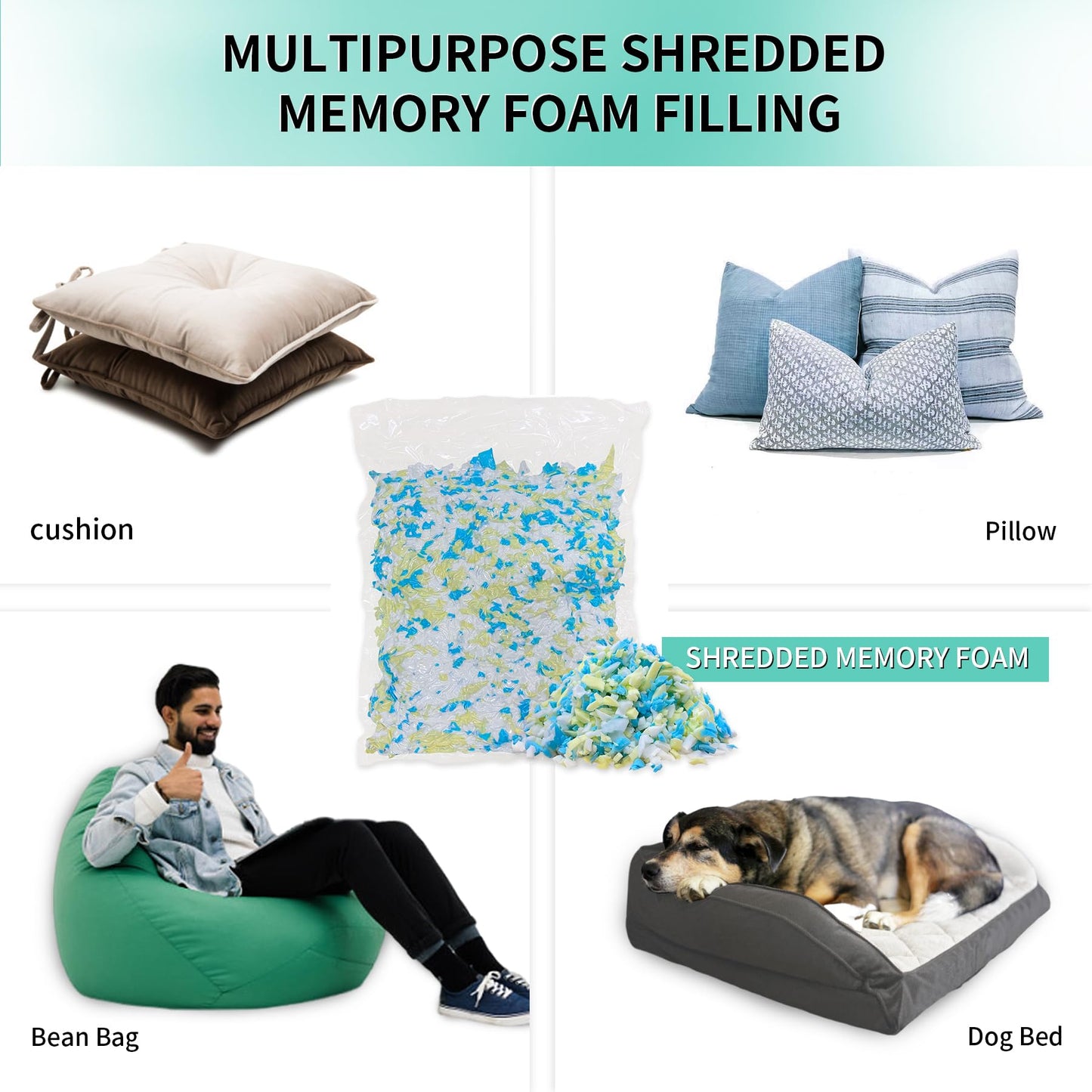 HONEHO 40lbs Shredded Memory Foam Bean Bag Filler, Soft and Convenient Bean Bag Filling Pillow Stuffing for Beanbag, Couch, Cushion, Stuffed Animals, Dog Bed, Arts Crafts