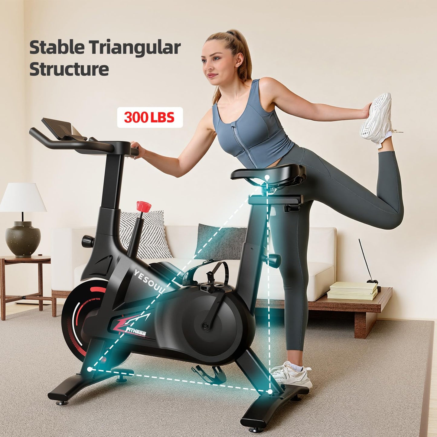 YESOUL Exercise Bike for Home – Silent Magnetic Resistance Stationary Bike with Stable Triangle Frame, 300 lbs Capacity, Dual-Stage Drive & Alloy Flywheel, Smart App with Scenic Routes & Live Classes