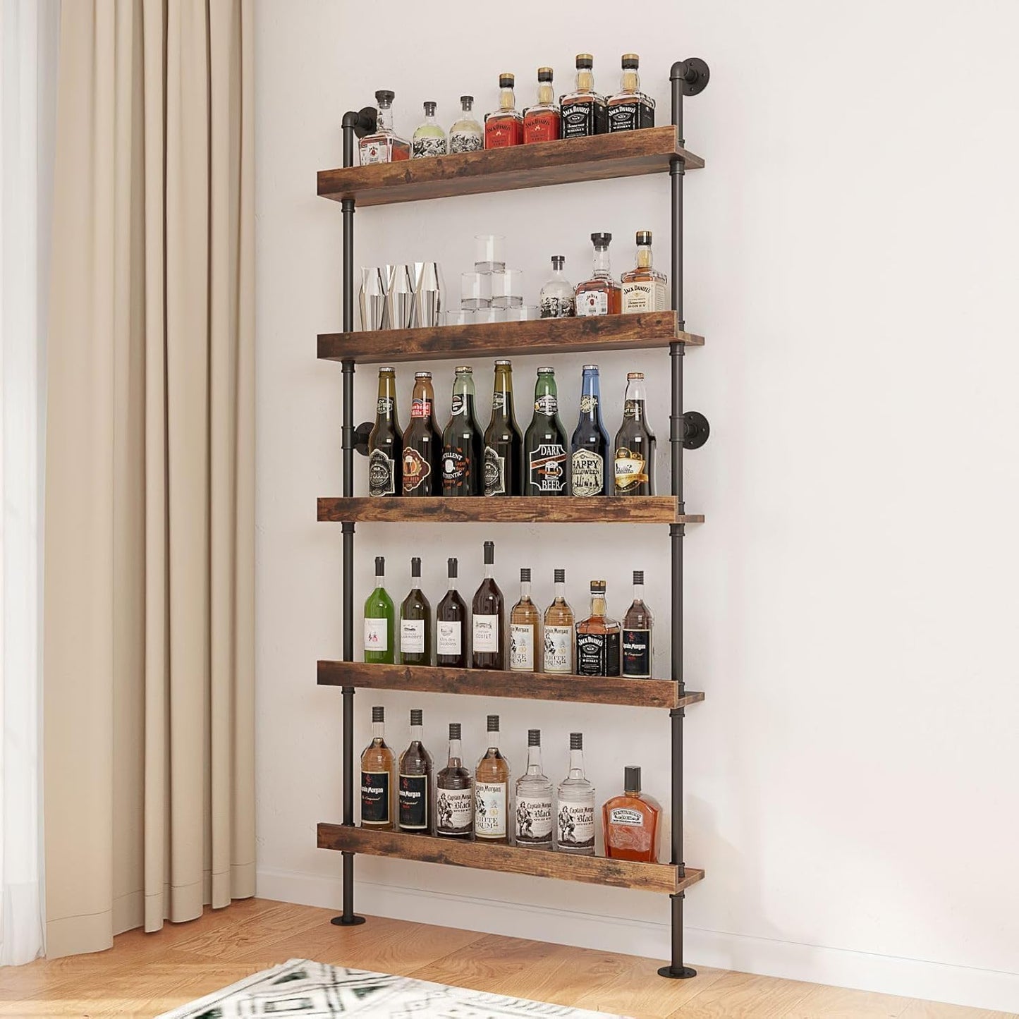 Woskar 5-Tier Wall Mounted Wine Rack, Industrial Pipe Bar Shelf for Wine Bottle Storage, Industrial Pipe Shelves Shelf Shelving for Home Bar Dining Room Kitchen (39.4" W x 79" H)