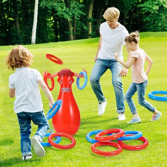 Inflatable Bull Toss Ring Game Set Include 2 Inflatable Bull 12 Rings for Summer Outdoor Beach Pool Cowboy Fiesta Rodeo Party