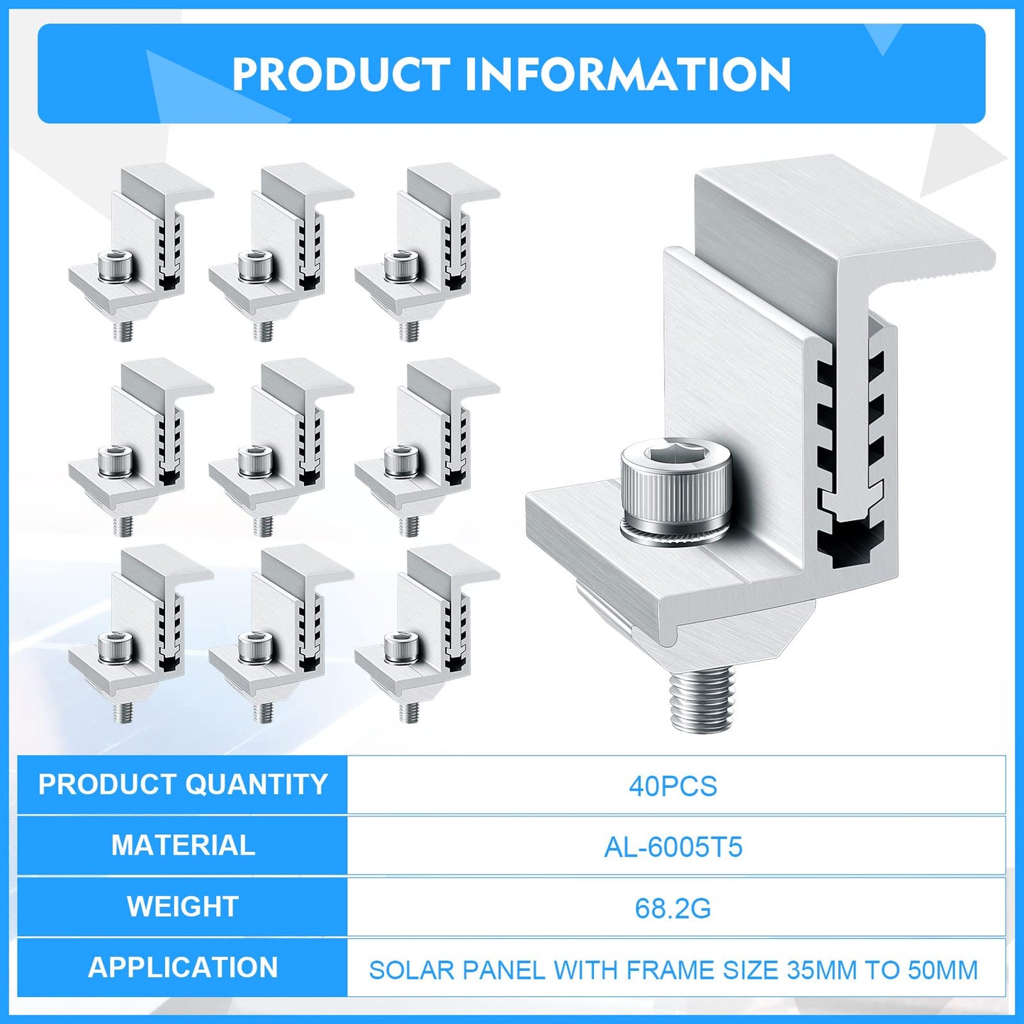 Zhengmy 40 Pack Solar Panel End Clamp Mounting Z Bracket Mid Clamps Aluminum Rail End Clamps Clips Adjustable Panels Grounding Gutter Kit for Pv Mounting System Install Hardware Fasteners Accessory