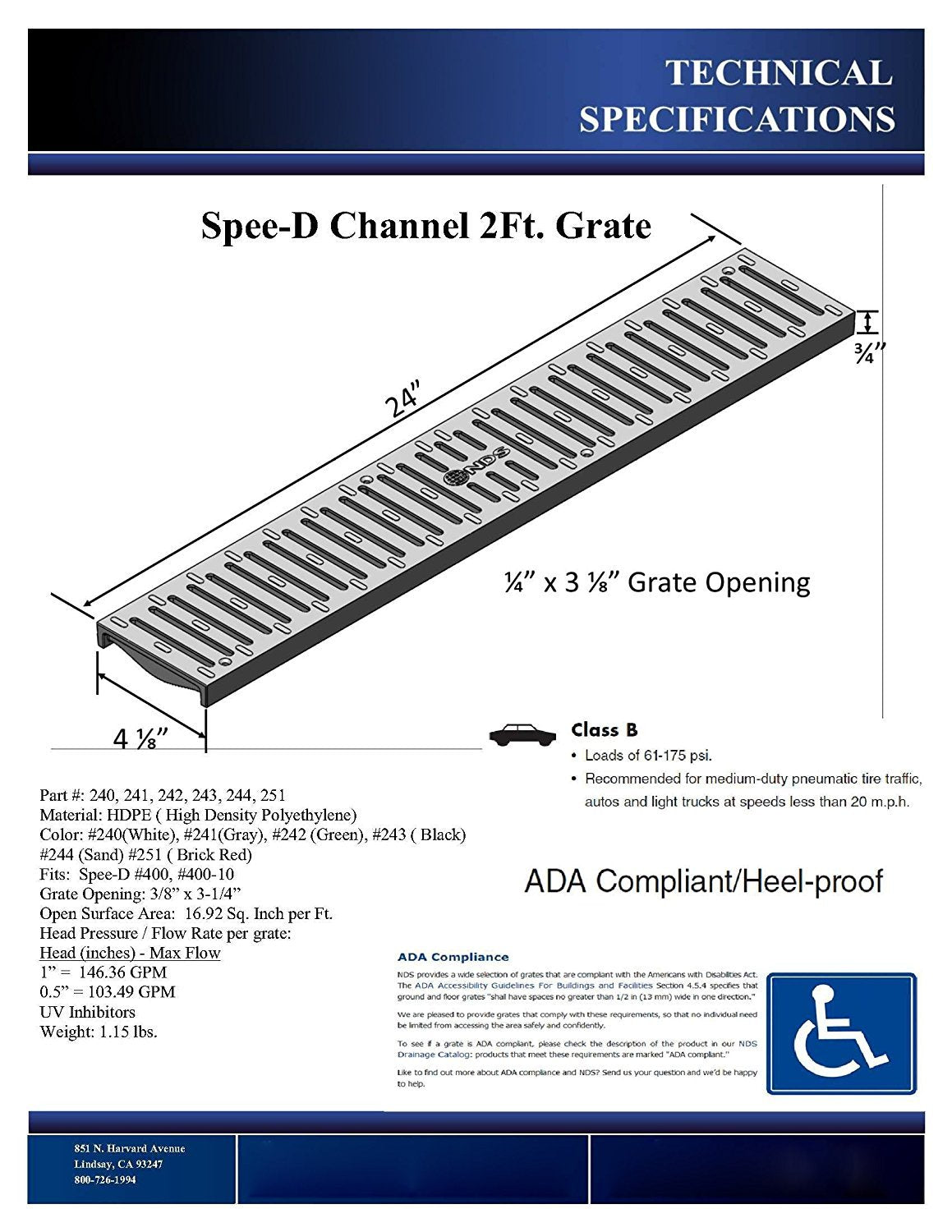 NDS 241-1 Spee-D® Channel Drain Grate, Plastic, 4-1/8-Inch wide X 2-Feet long, for Driveways, Patios, Pool Decks and Commercial Areas, Gray